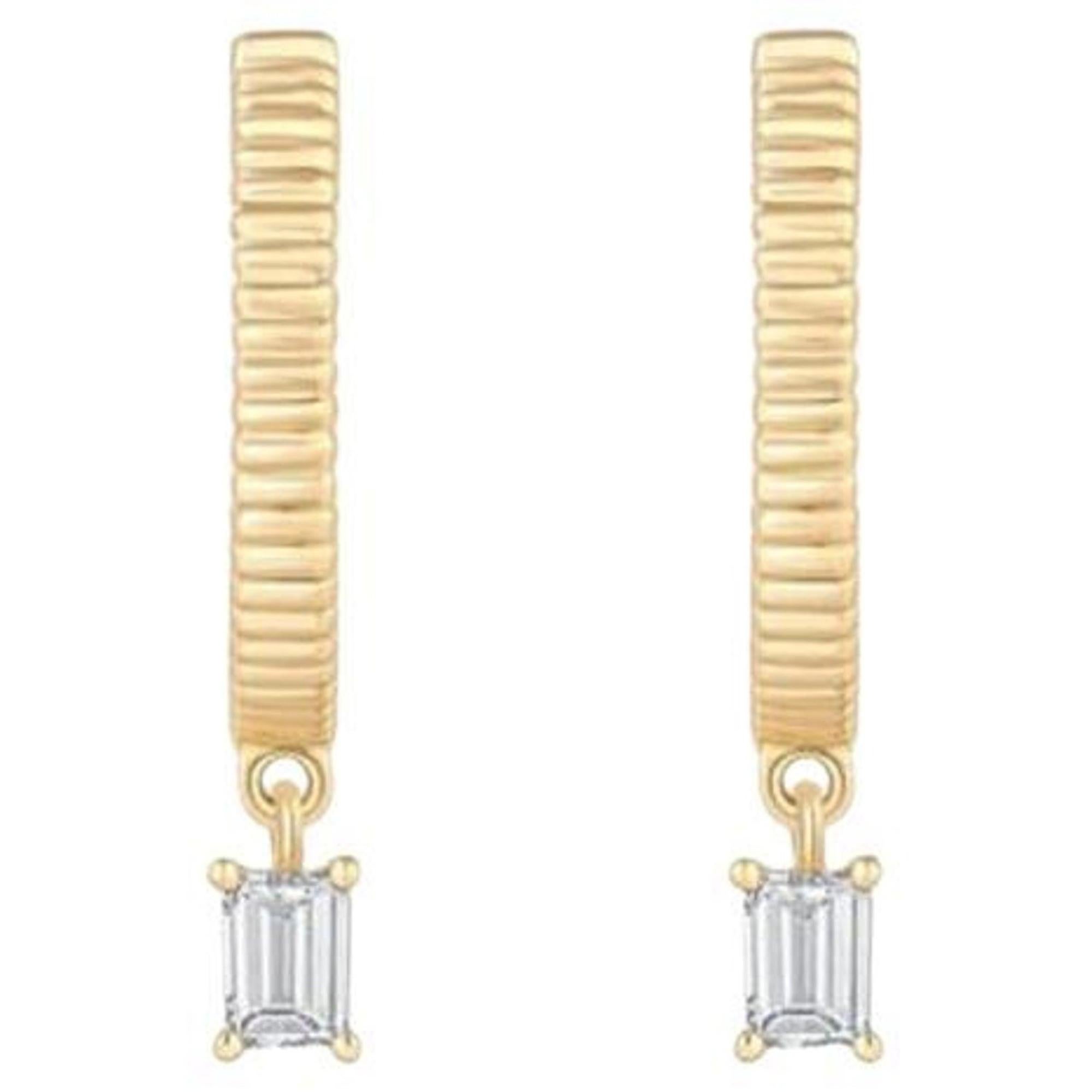 Emerald Cut Drop Charm 14K Yellow Gold Textured Huggie Earrings For Sale