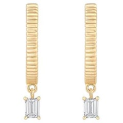 Emerald Cut Drop Charm 14K Yellow Gold Textured Huggie Earrings