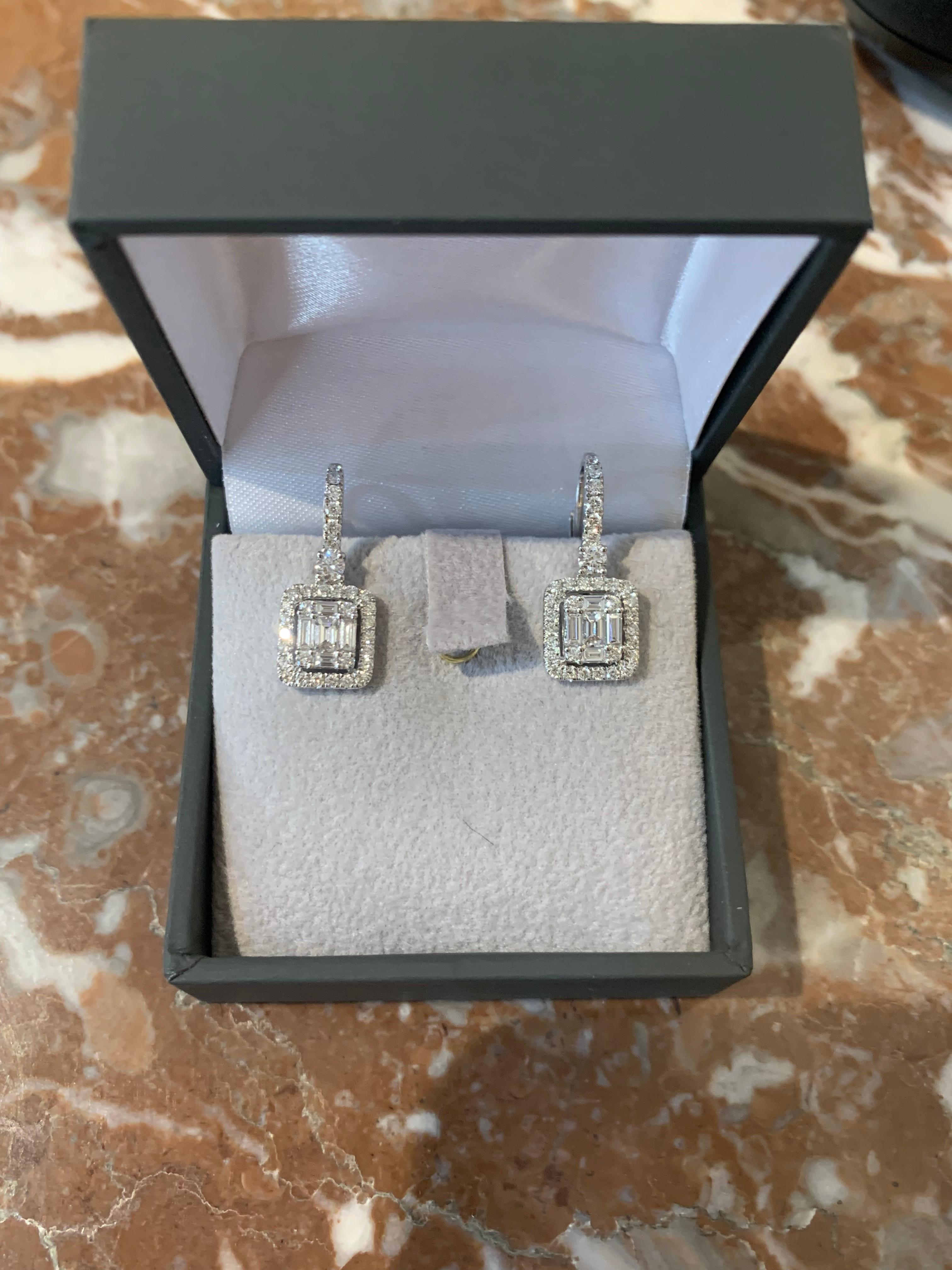 Mixed Cut Emerald Cut Effect Diamonds 18 Carat White Gold Earrings For Sale