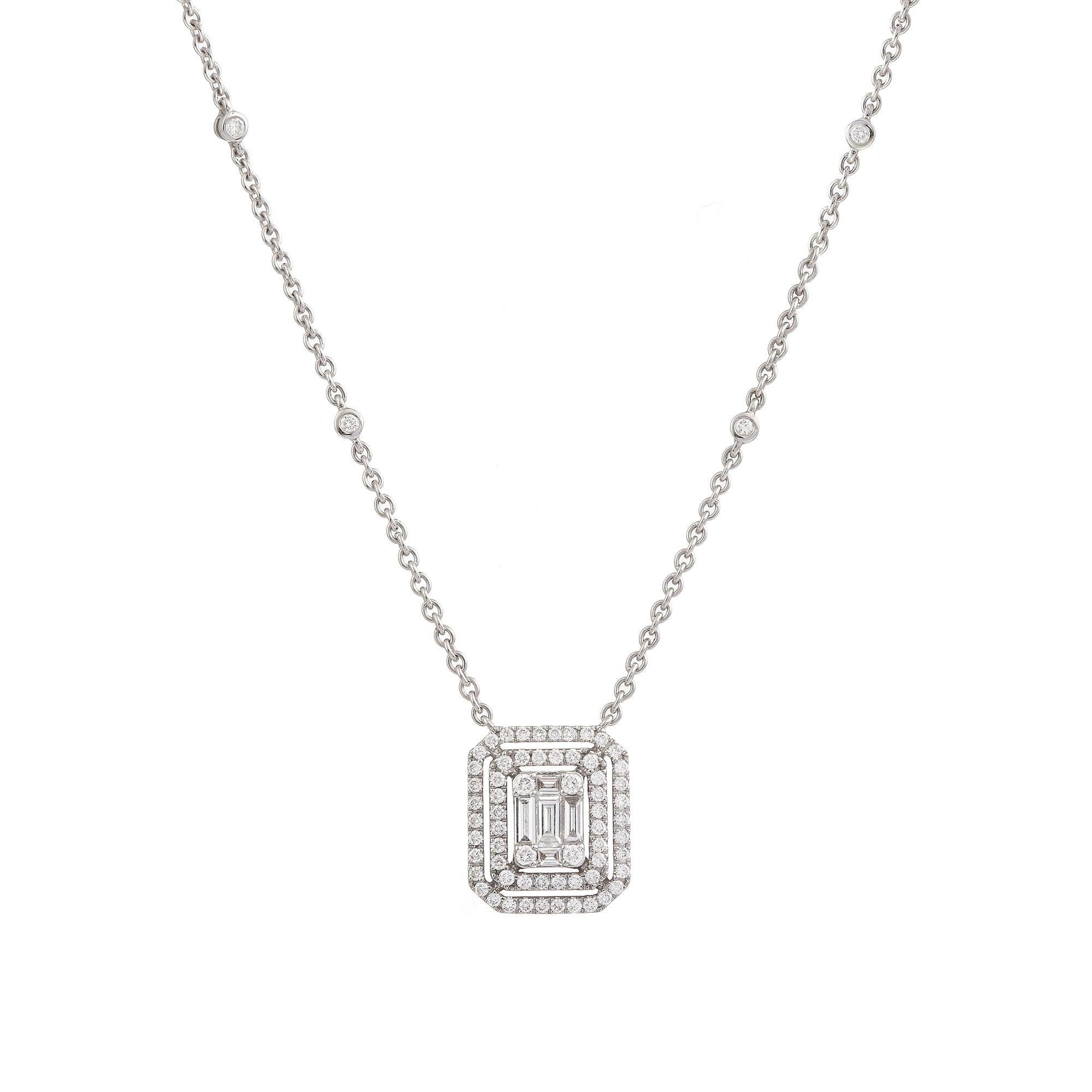 Charming white gold necklace set with brilliant-cut and baguette-cut diamonds forming an emerald-cut effect.

Total weight of diamonds: 0.45 carats

Length: 40 or 46 cm (15.74 or 18.11 inches)

Dimensions: 12.07 x 10.52 x 3.49 mm (0.475 x 0.414 x