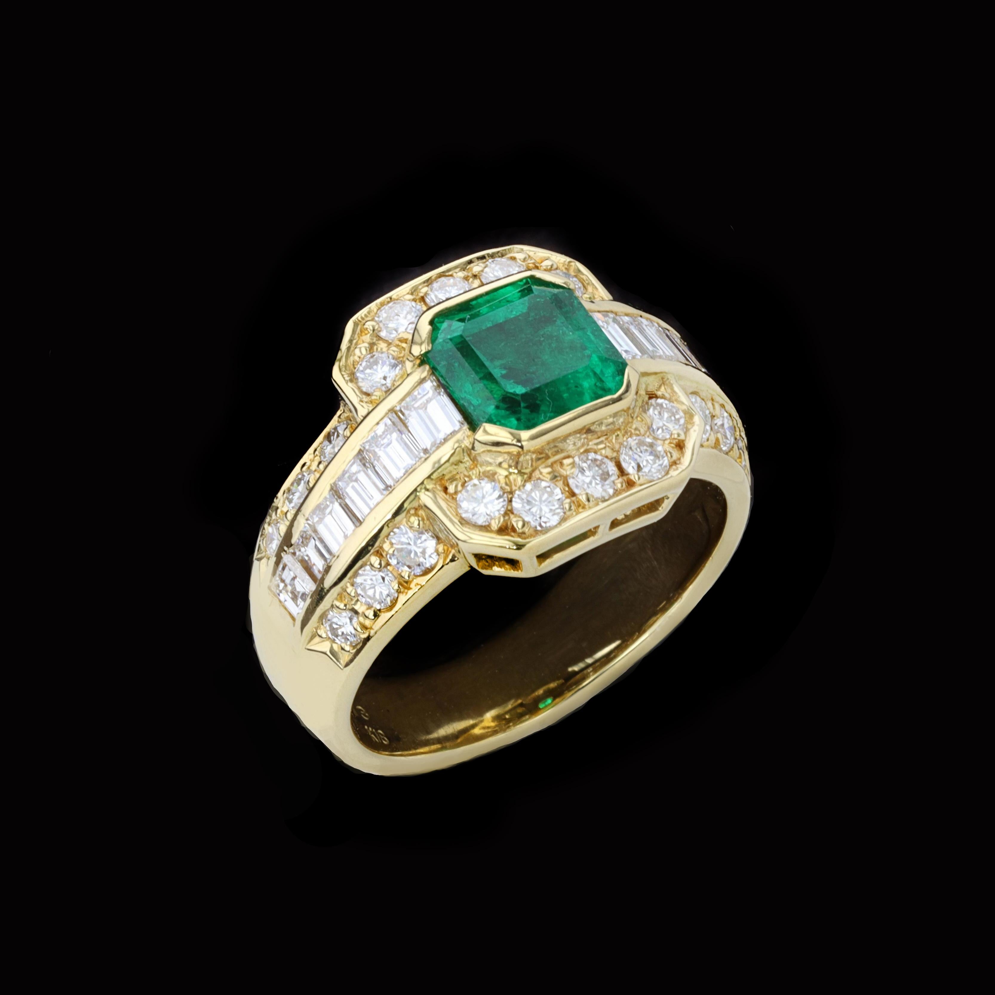 Emerald Cut Emerald and Diamond 18k Yellow Gold Estate Ring For Sale 1