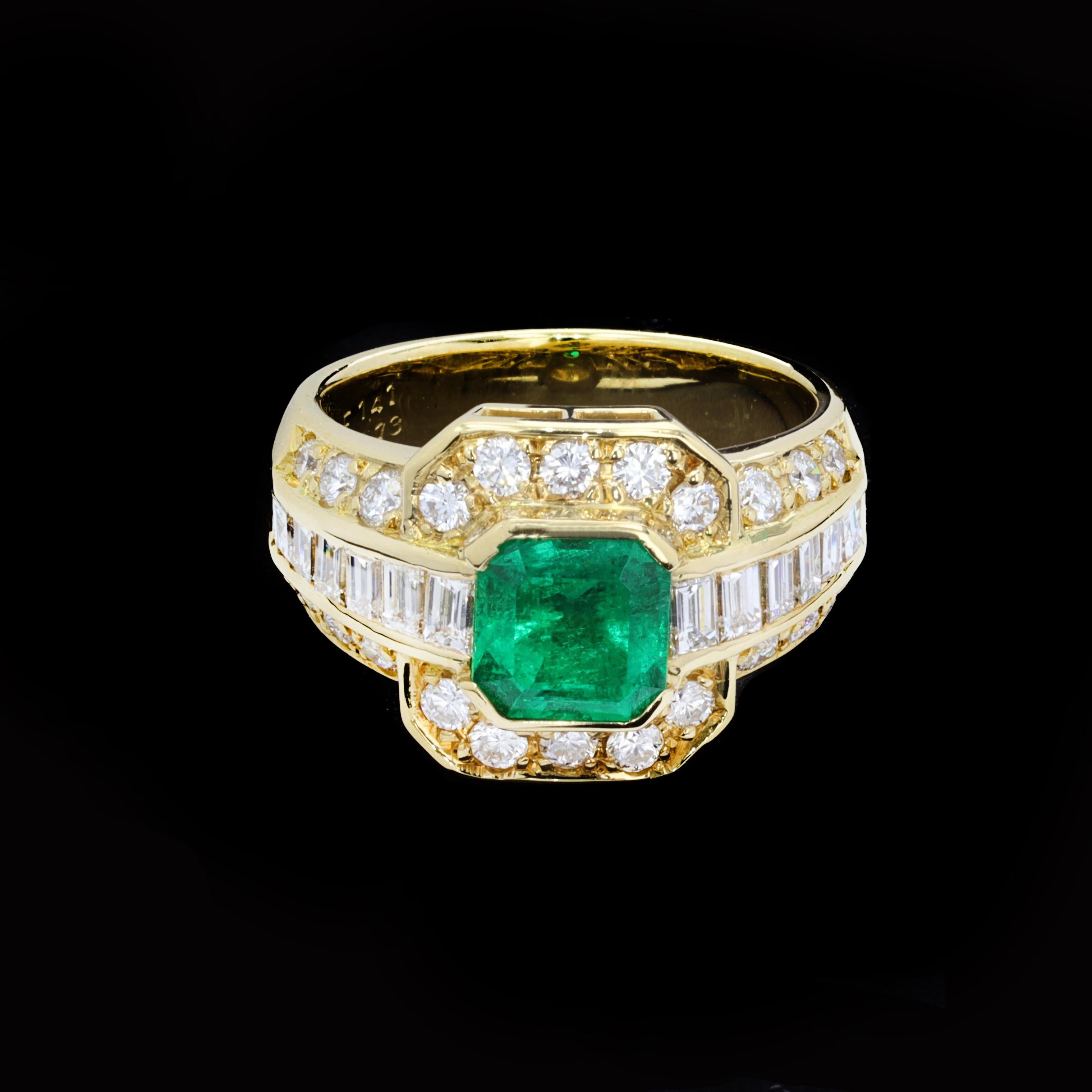 Emerald Cut Emerald and Diamond 18k Yellow Gold Estate Ring For Sale 2