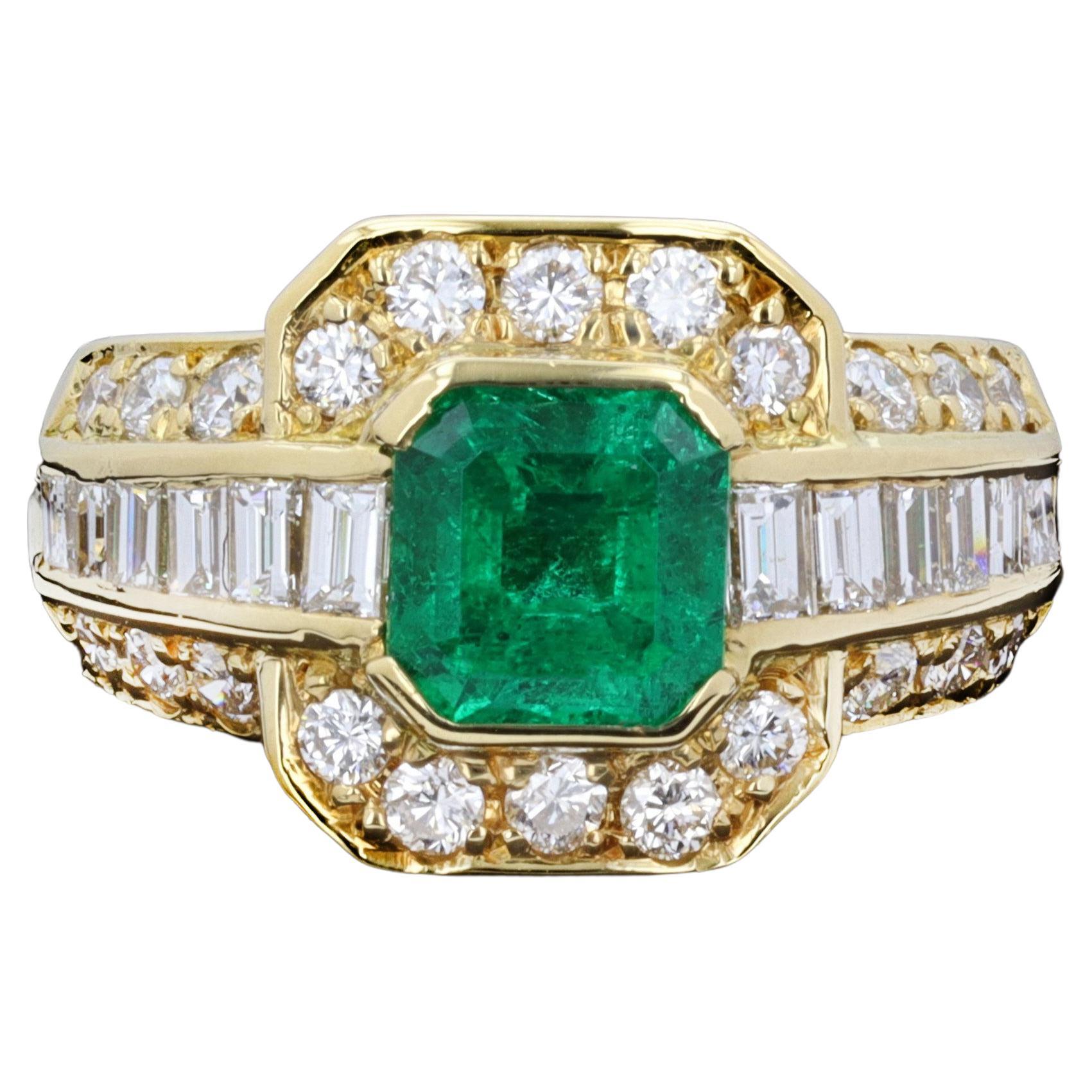 Emerald Cut Emerald and Diamond 18k Yellow Gold Estate Ring For Sale