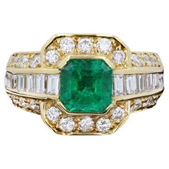 Vintage Emerald Cut Emerald and Diamond 18k Yellow Gold Estate Ring