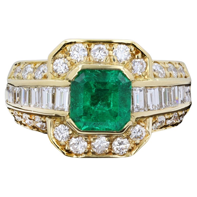 Emerald Cut Emerald and Diamond 18k Yellow Gold Estate Ring For Sale at ...