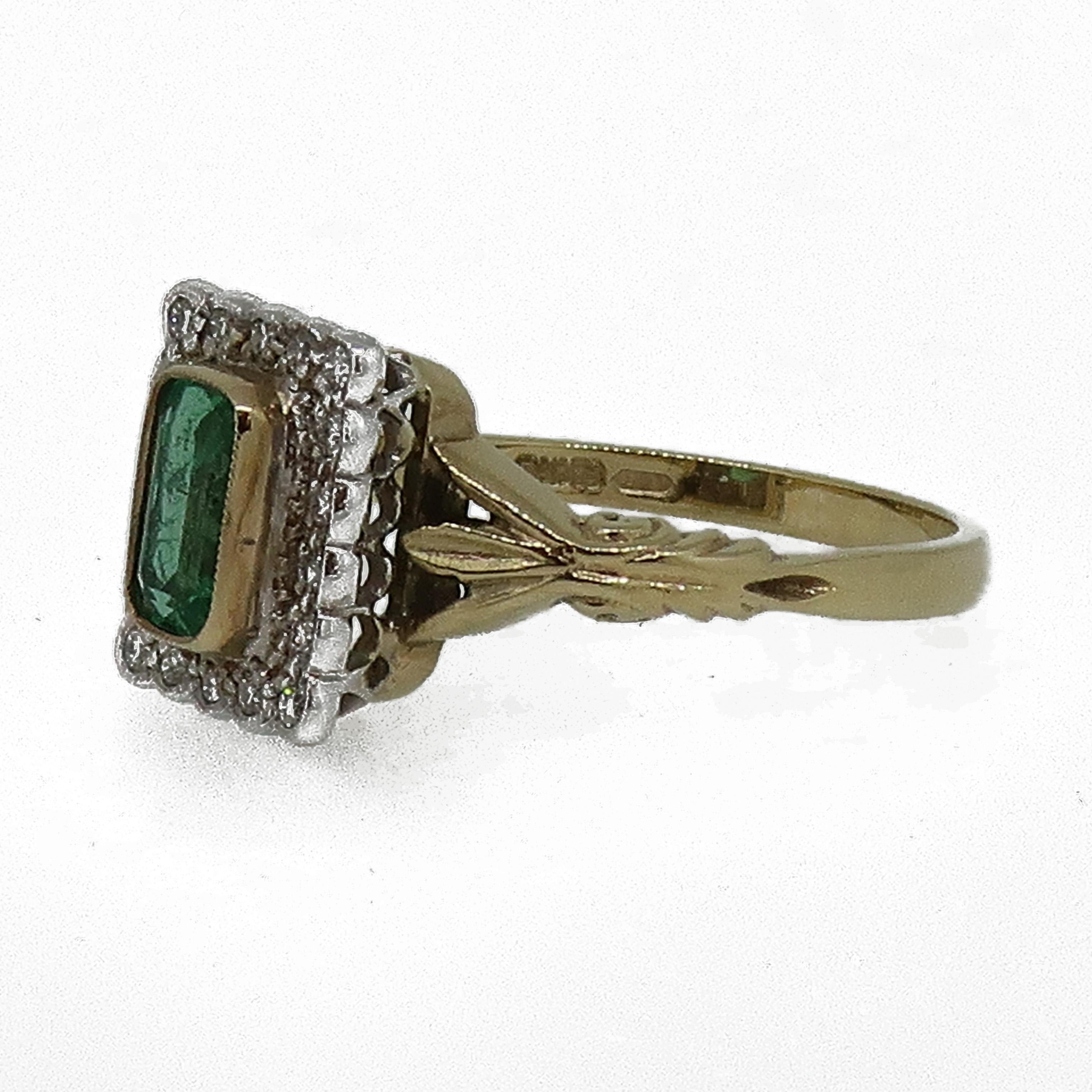 9 Karat Gold Square Emerald Cut Emerald & Diamond Art Deco Style Cluster Ring.

A classic looking emerald-cut green emerald set in a fine yellow gold bezel weighing 0.73ct, surrounded by sixteen white round brilliant cut diamonds all set in a fine