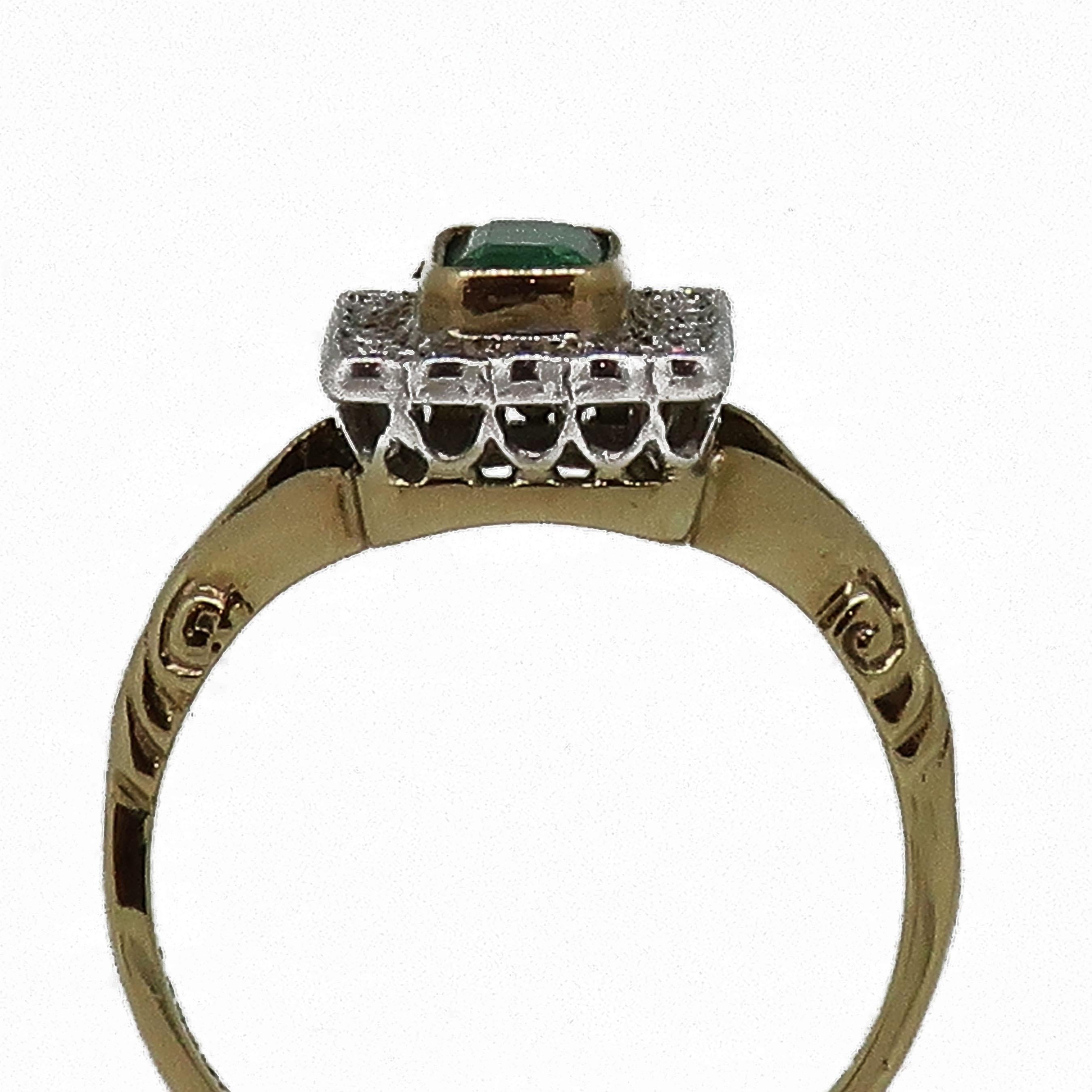 Emerald Cut Emerald and Diamond Art Deco Style Cluster Ring 9 Karat Gold For Sale 1