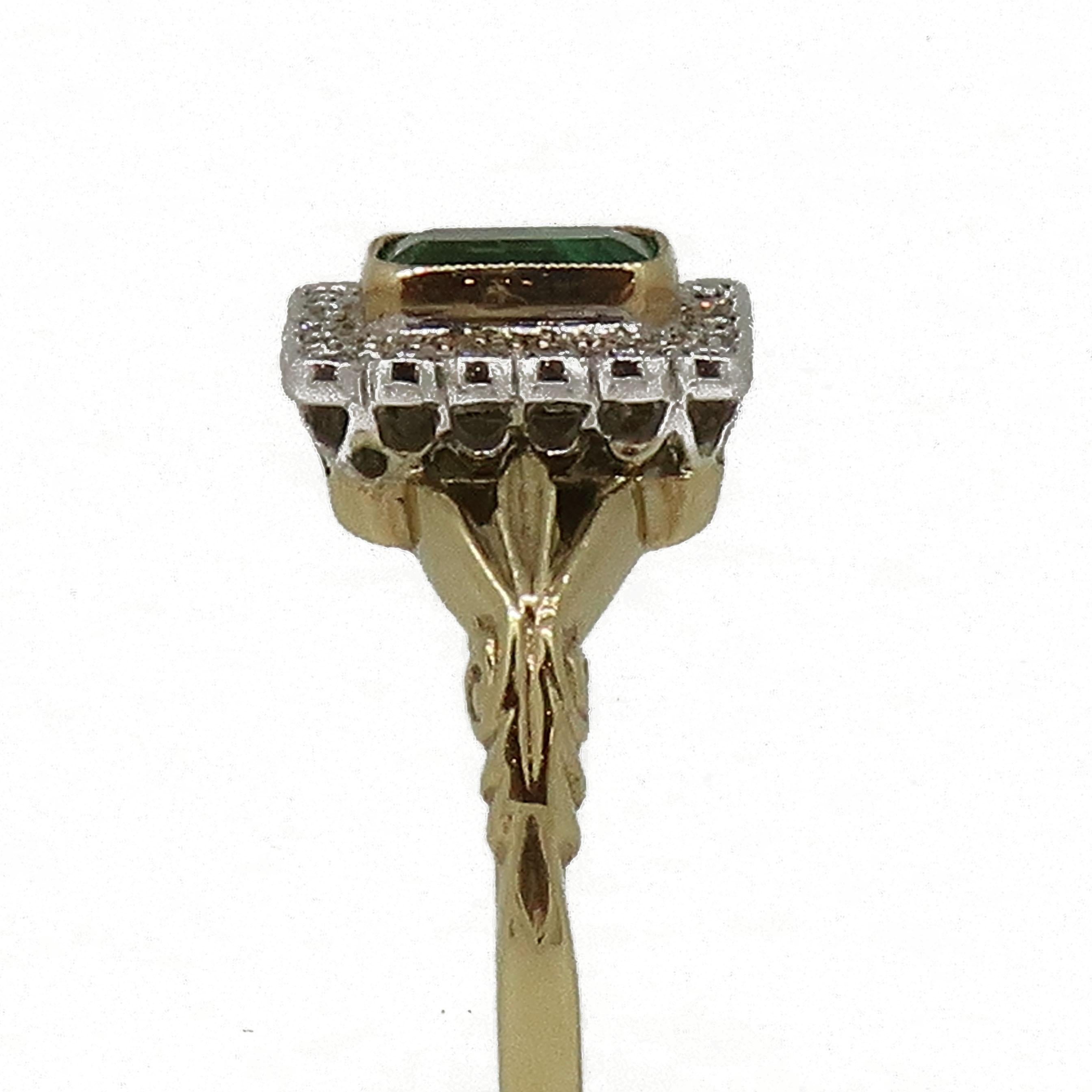Emerald Cut Emerald and Diamond Art Deco Style Cluster Ring 9 Karat Gold For Sale 2