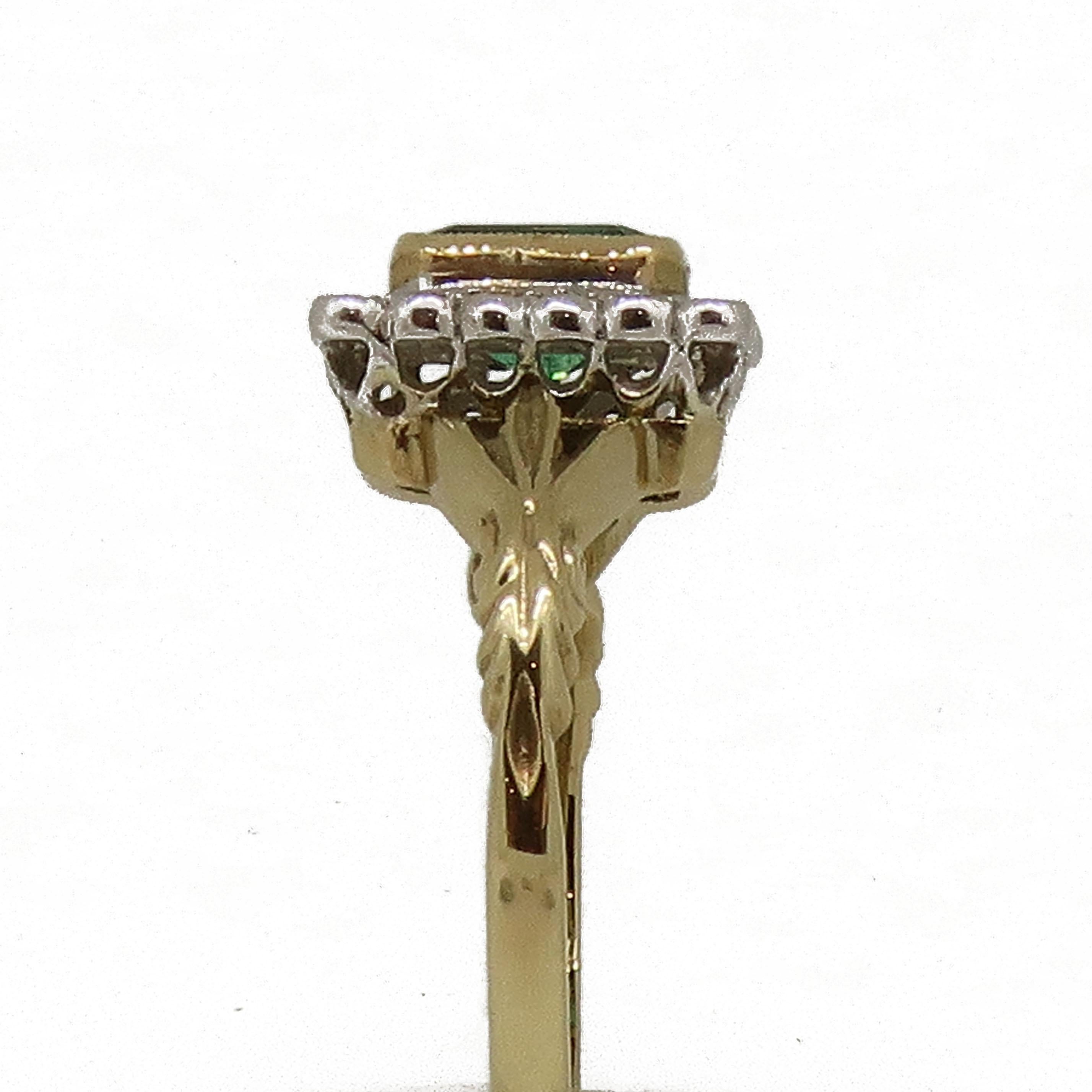 Emerald Cut Emerald and Diamond Art Deco Style Cluster Ring 9 Karat Gold For Sale 3