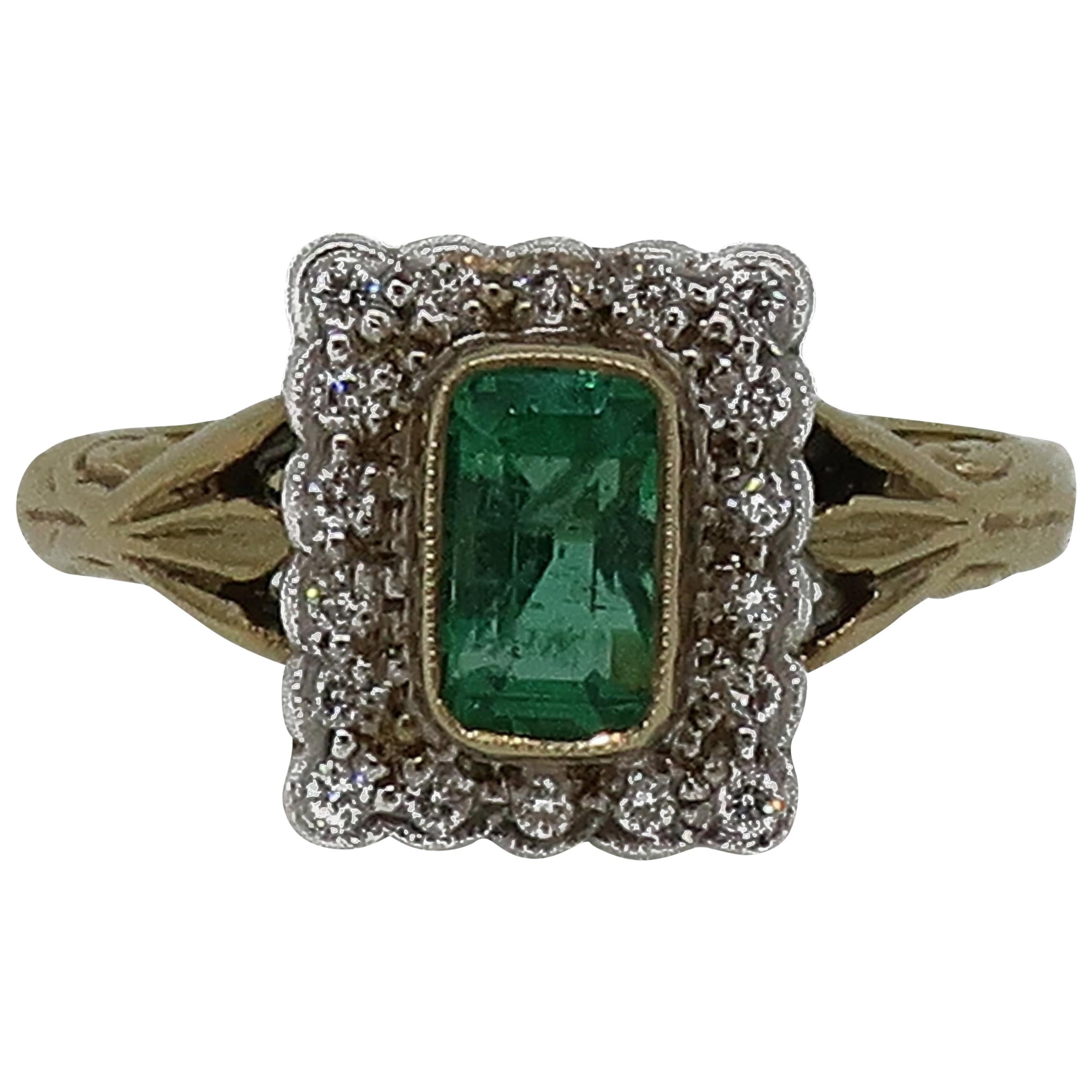 Emerald Cut Emerald and Diamond Art Deco Style Cluster Ring 9 Karat Gold For Sale