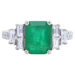 Emerald Cut Emerald and Diamond Baguette Step Cut Cocktail Ring 18K White Gold