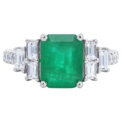 Emerald Cut Emerald and Diamond Baguette Step Cut Cocktail Ring 18K White Gold