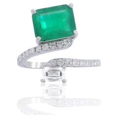 Emerald Cut Emerald and Diamond Bypass Open Toi Et Moi Ring 18K White Gold 