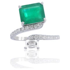 Emerald Cut Emerald and Diamond Bypass Open Toi Et Moi Ring 18K White Gold