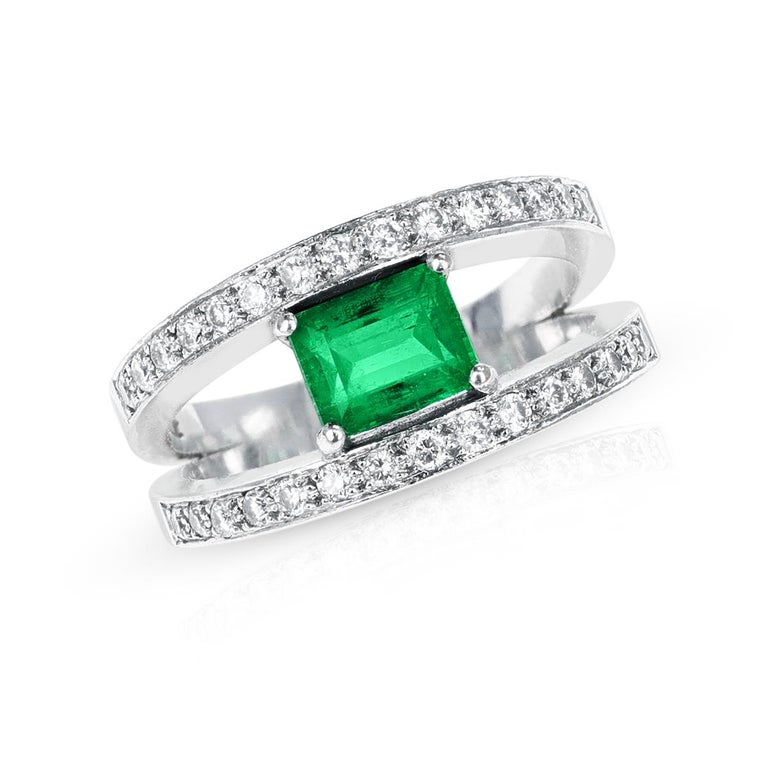Emerald-Cut Emerald and Diamond Double Row Ring, 18k For Sale at 1stDibs