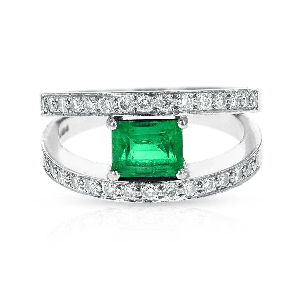 Emerald Cut Emerald-Cut Emerald and Diamond Double Row Ring, 18k For Sale