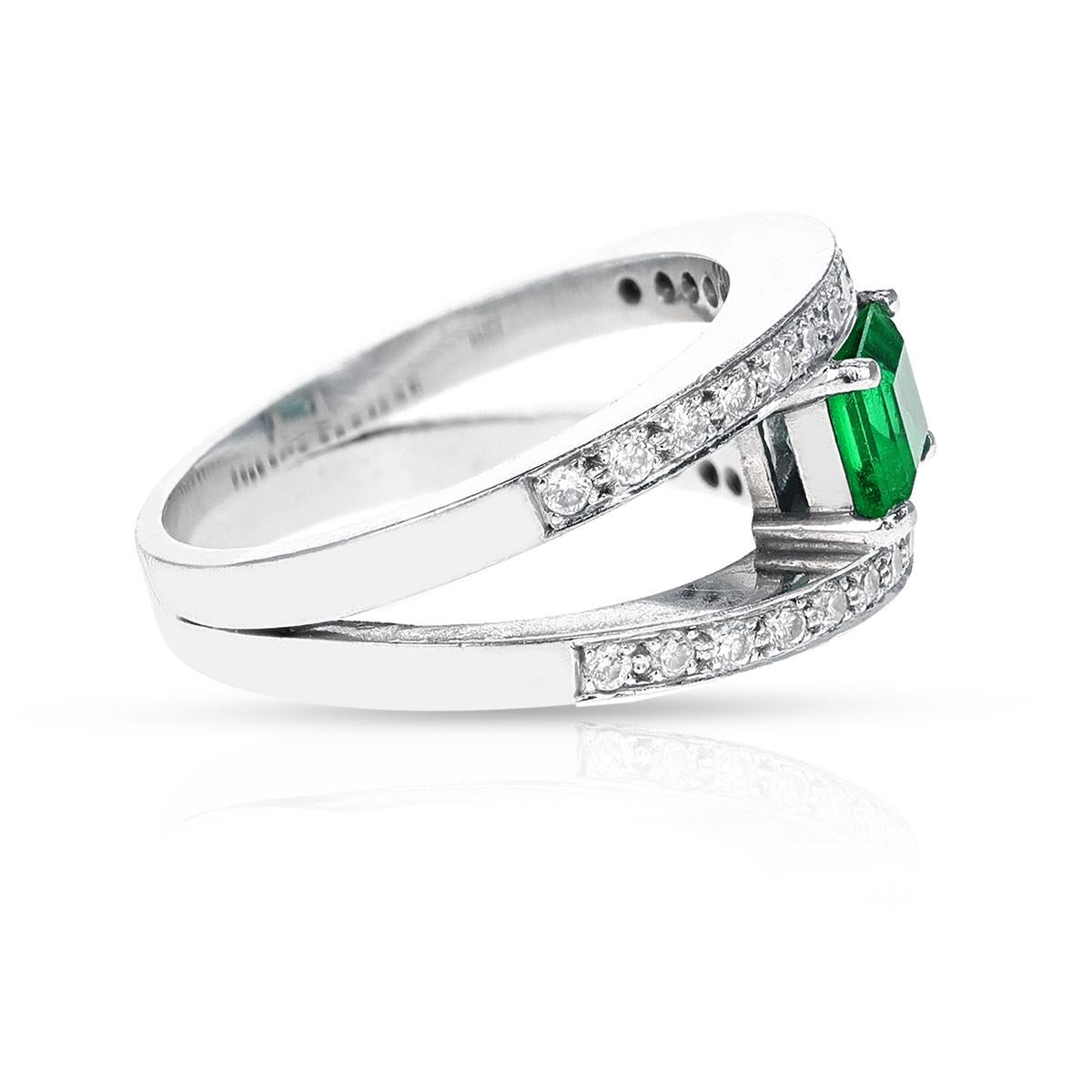 Emerald-Cut Emerald and Diamond Double Row Ring, 18k In Excellent Condition For Sale In New York, NY