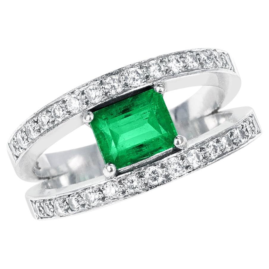 Emerald-Cut Emerald and Diamond Double Row Ring, 18k For Sale