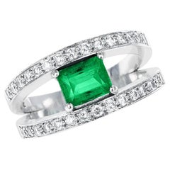 Vintage Emerald-Cut Emerald and Diamond Double Row Ring, 18k