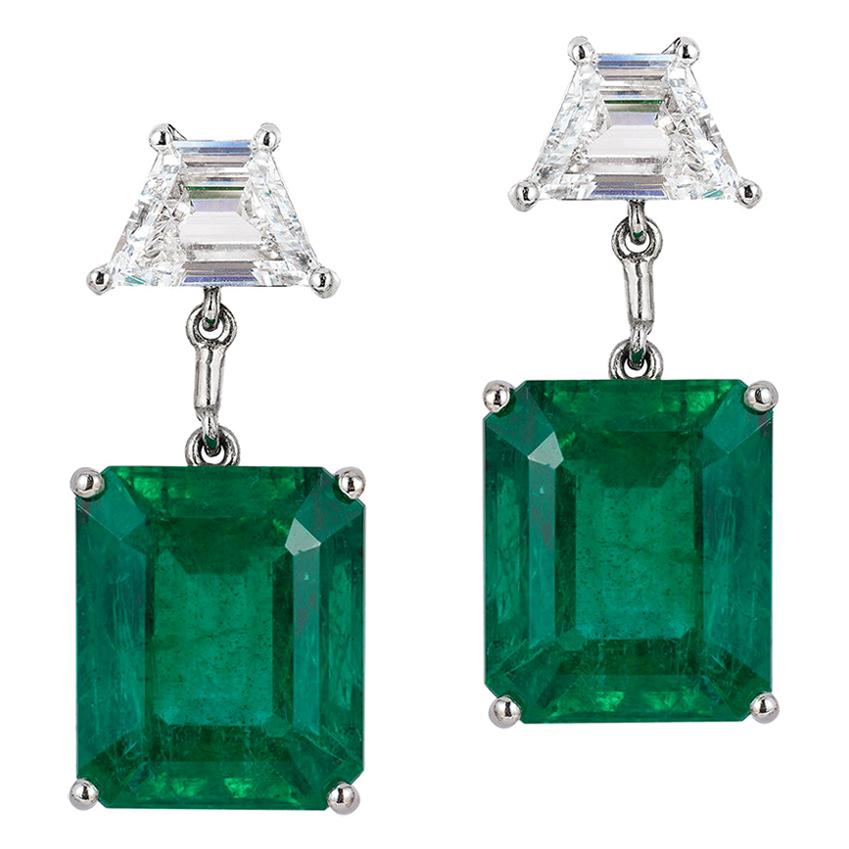 Emerald-Cut Emerald and Diamond Drop Earrings CDC Certified Platinum Andreoli For Sale