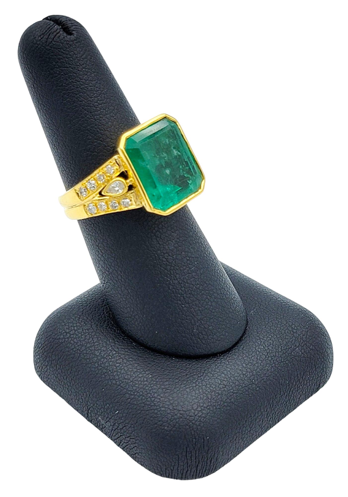 Emerald Cut Emerald and Diamond Shank Cocktail Ring Set in 18 Karat Yellow Gold For Sale 5