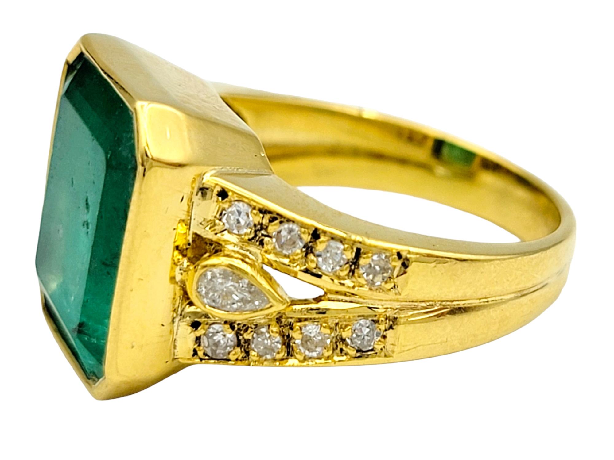Contemporary Emerald Cut Emerald and Diamond Shank Cocktail Ring Set in 18 Karat Yellow Gold For Sale