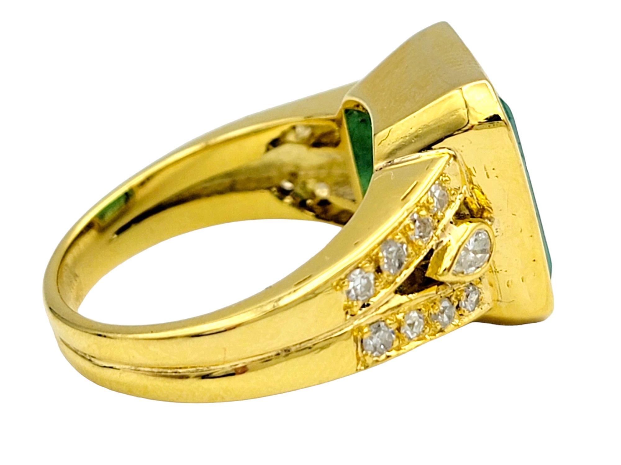 Emerald Cut Emerald and Diamond Shank Cocktail Ring Set in 18 Karat Yellow Gold In Good Condition For Sale In Scottsdale, AZ