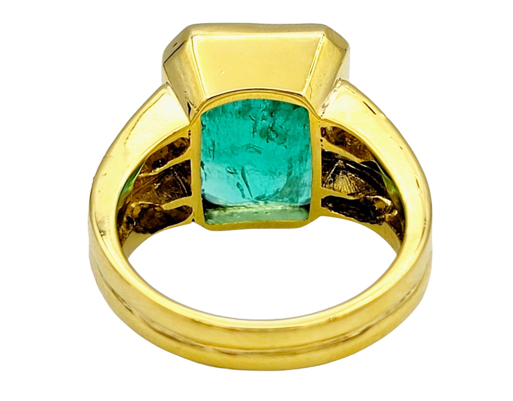 Women's Emerald Cut Emerald and Diamond Shank Cocktail Ring Set in 18 Karat Yellow Gold For Sale
