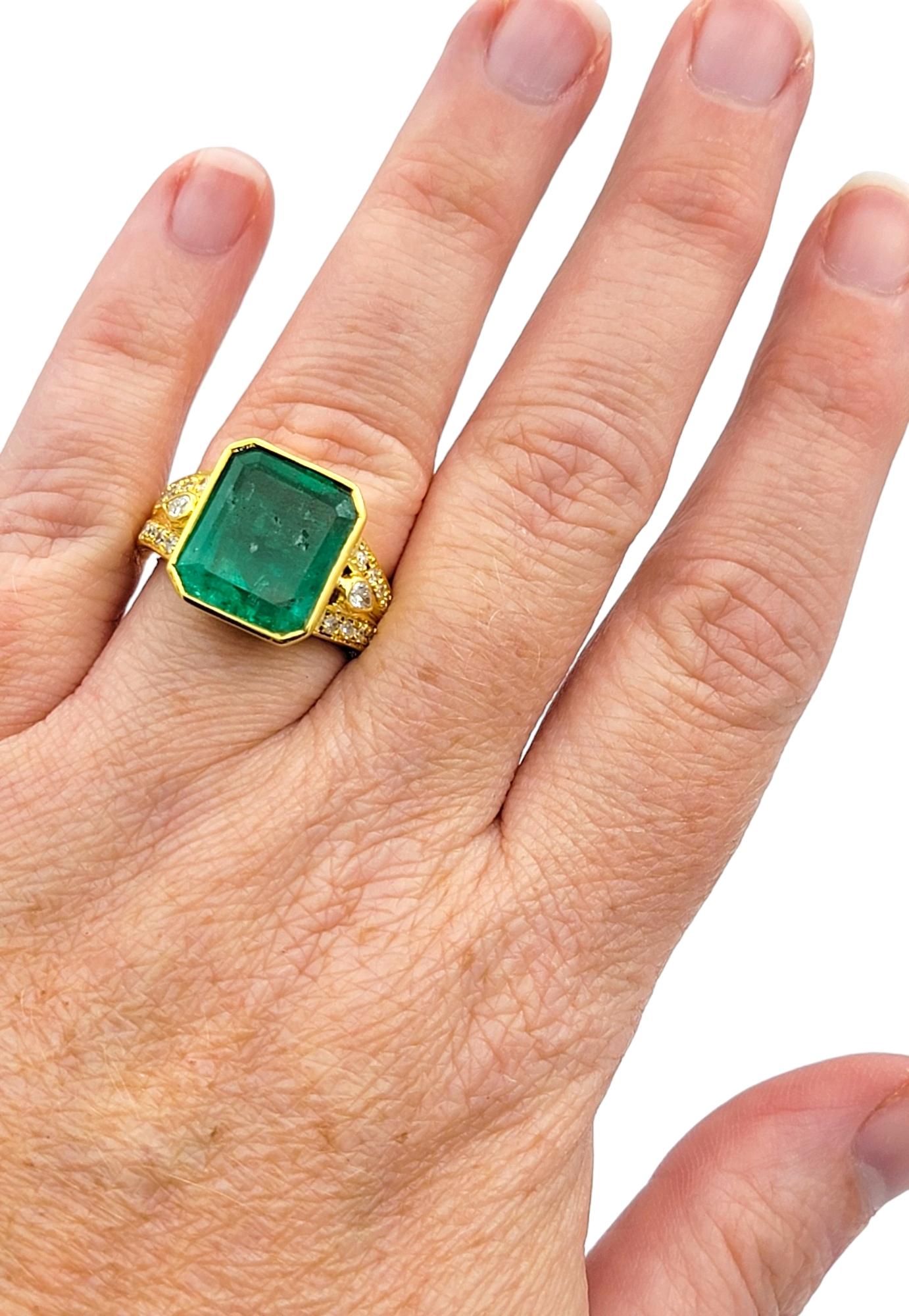 Emerald Cut Emerald and Diamond Shank Cocktail Ring Set in 18 Karat Yellow Gold For Sale 2
