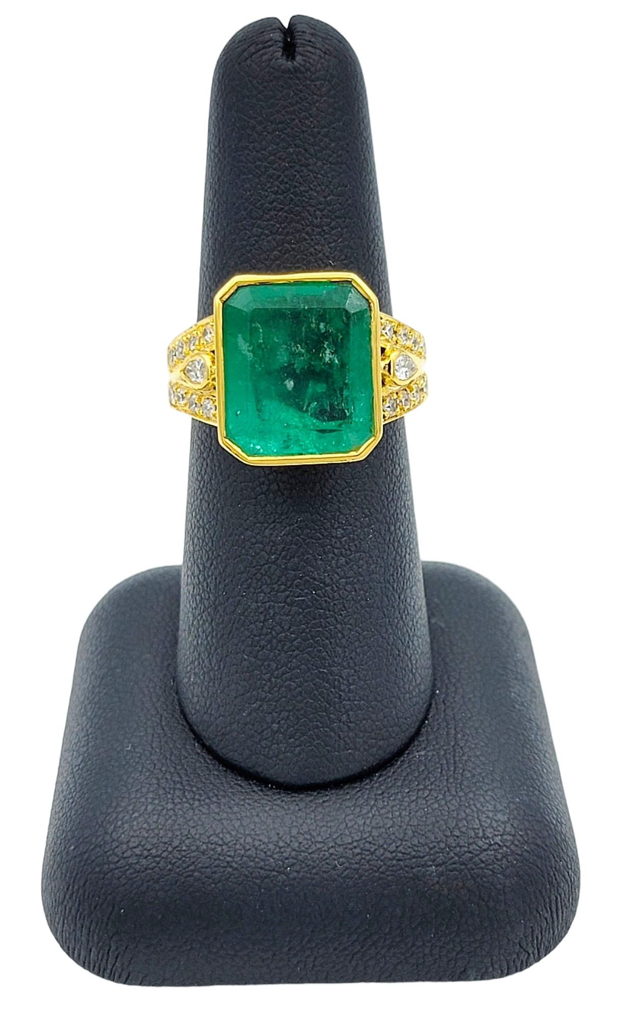 Emerald Cut Emerald and Diamond Shank Cocktail Ring Set in 18 Karat Yellow Gold For Sale 4