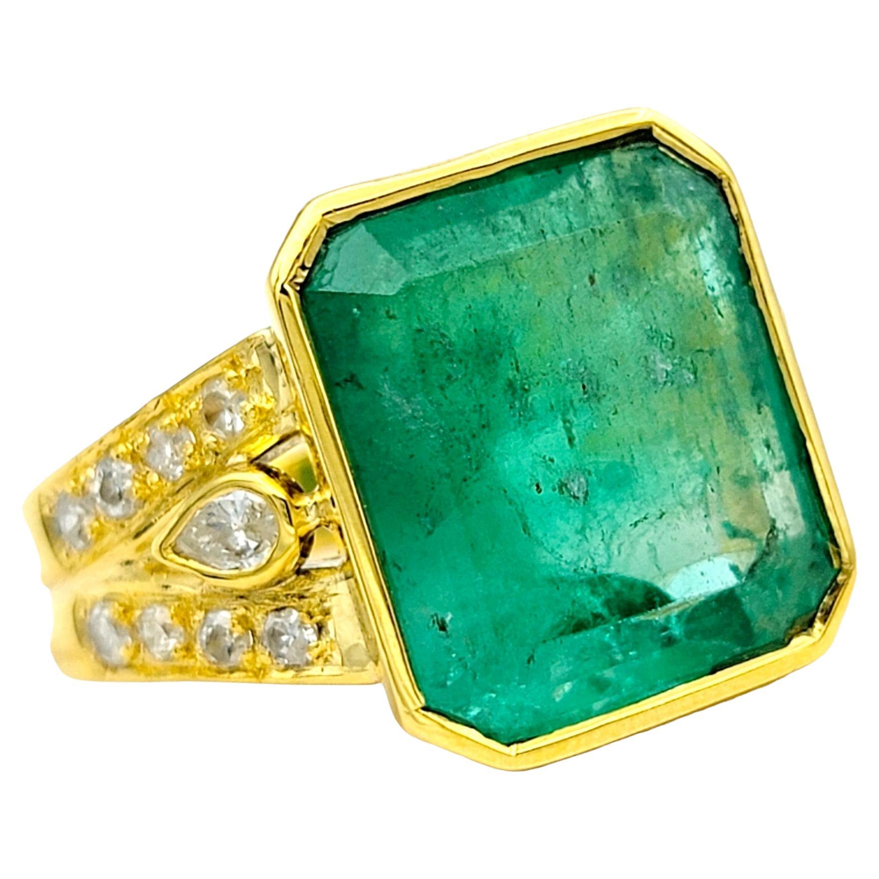 Emerald Cut Emerald and Diamond Shank Cocktail Ring Set in 18 Karat Yellow Gold For Sale