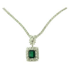Emerald Cut Emerald and Diamond Statement Art Deco Pendant White Gold Necklace