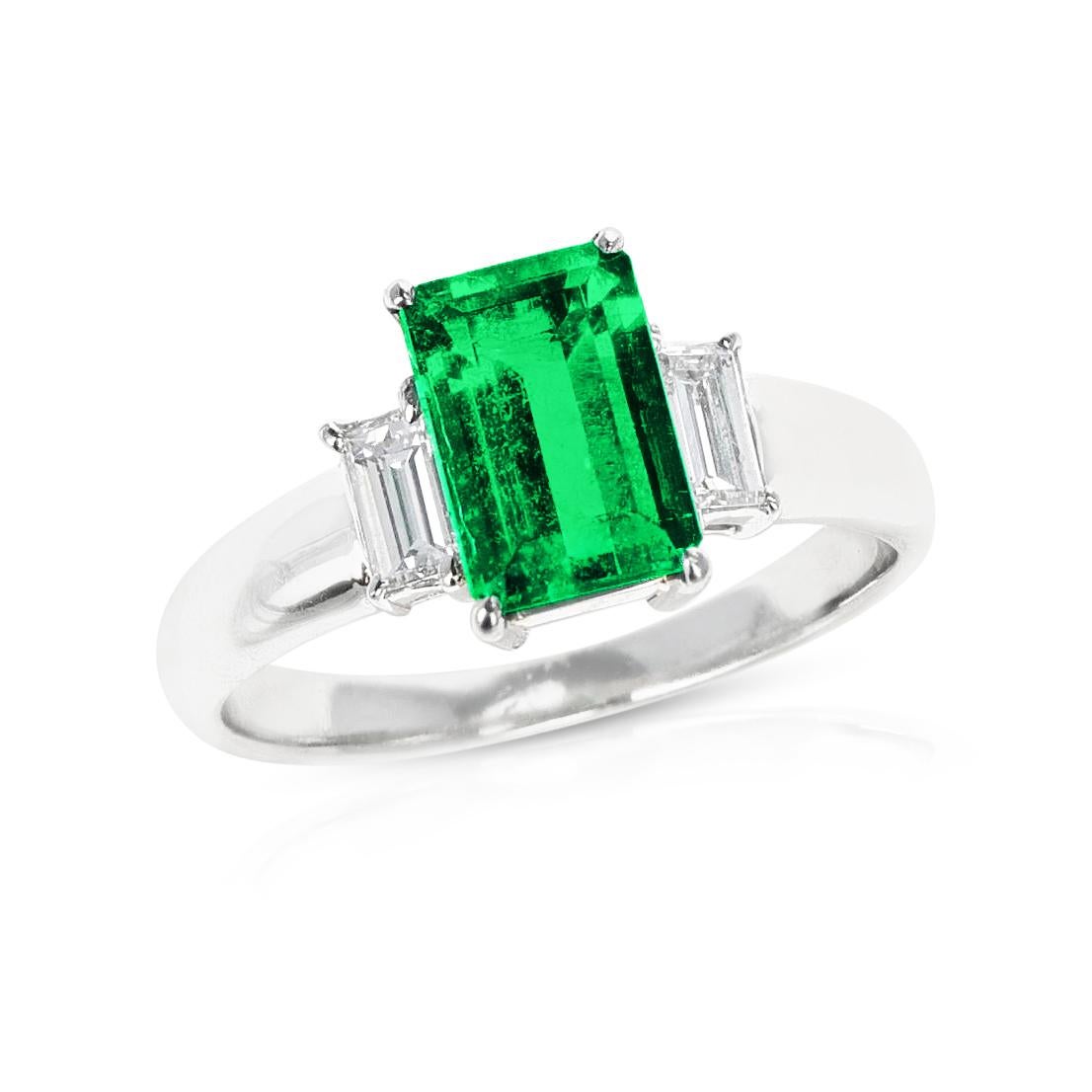 Women's or Men's Emerald-Cut Emerald and Diamond Three Stone Engagement Ring, Platinum For Sale