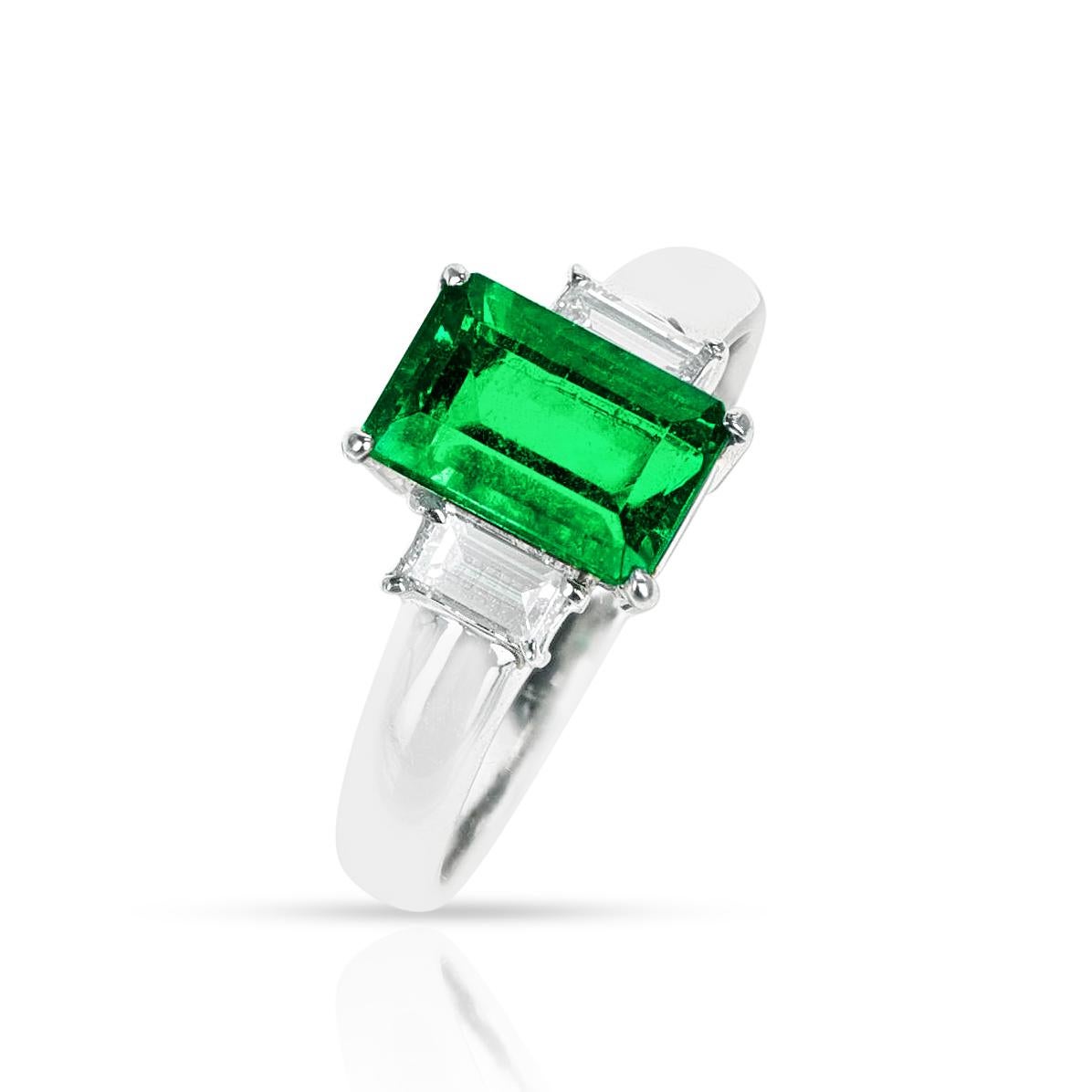 Emerald-Cut Emerald and Diamond Three Stone Engagement Ring, Platinum For Sale 1