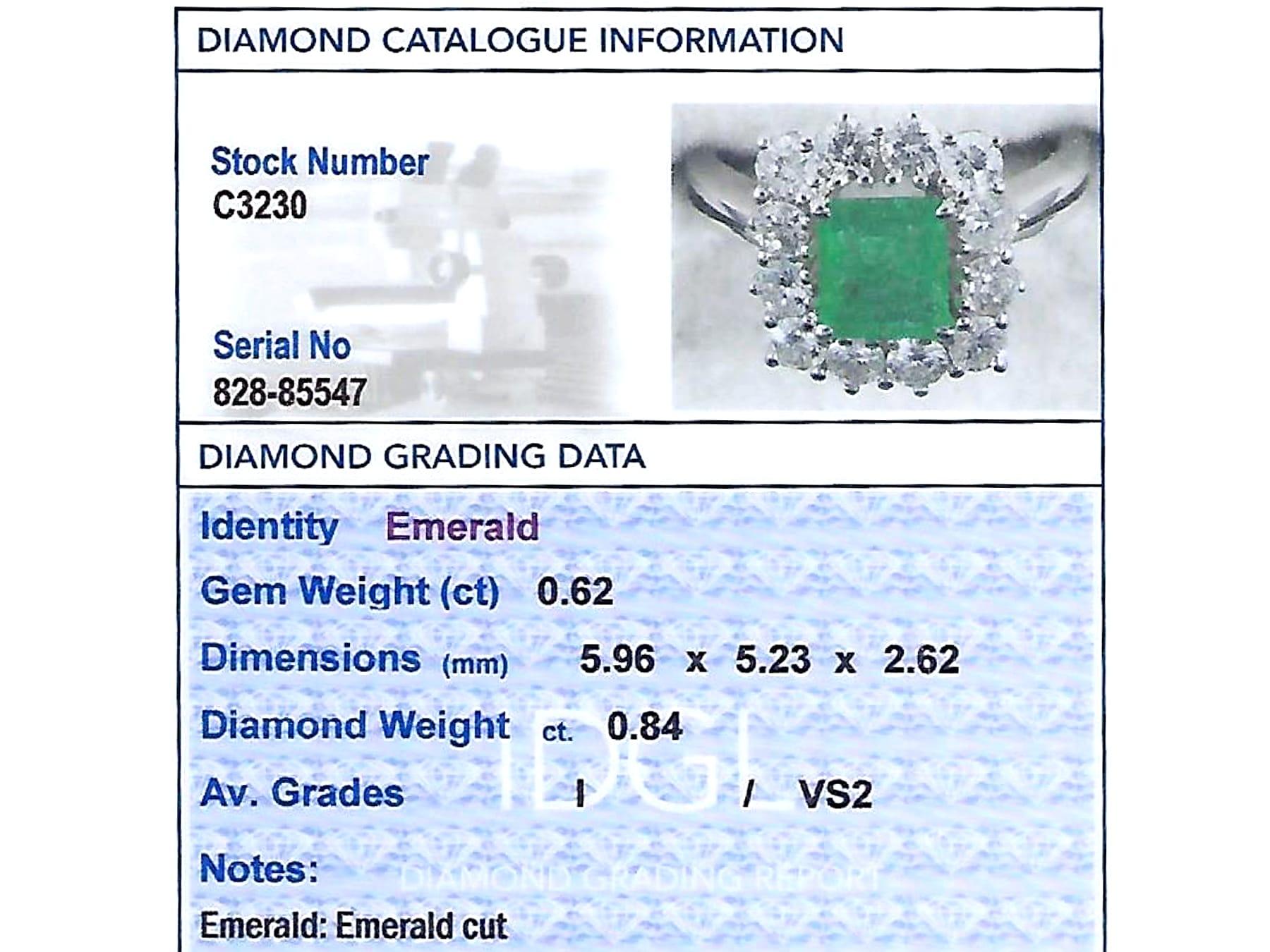 Emerald Cut Emerald and Diamond White Gold Cluster Ring For Sale 1