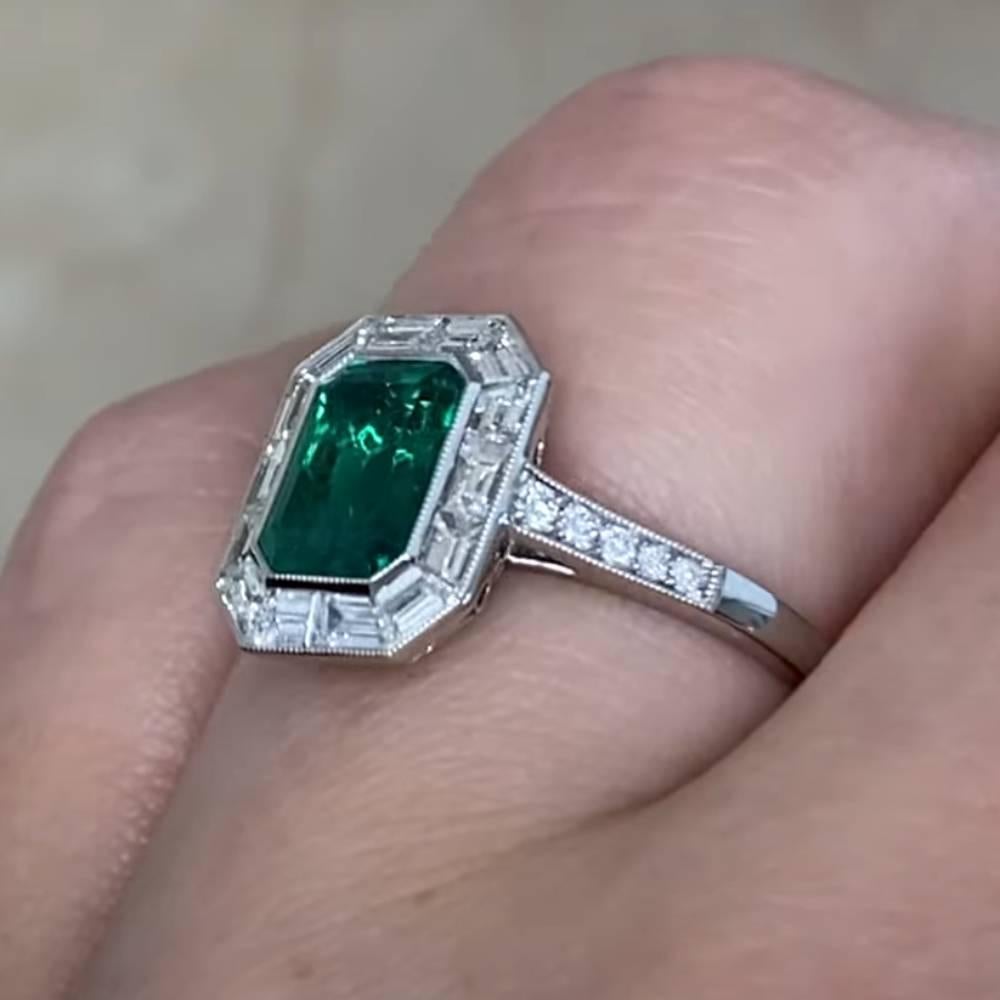 Emerald Cut Emerald and Diamonds Halo Ring (Approx. 1.20-Carats), Platinum In Excellent Condition For Sale In New York, NY
