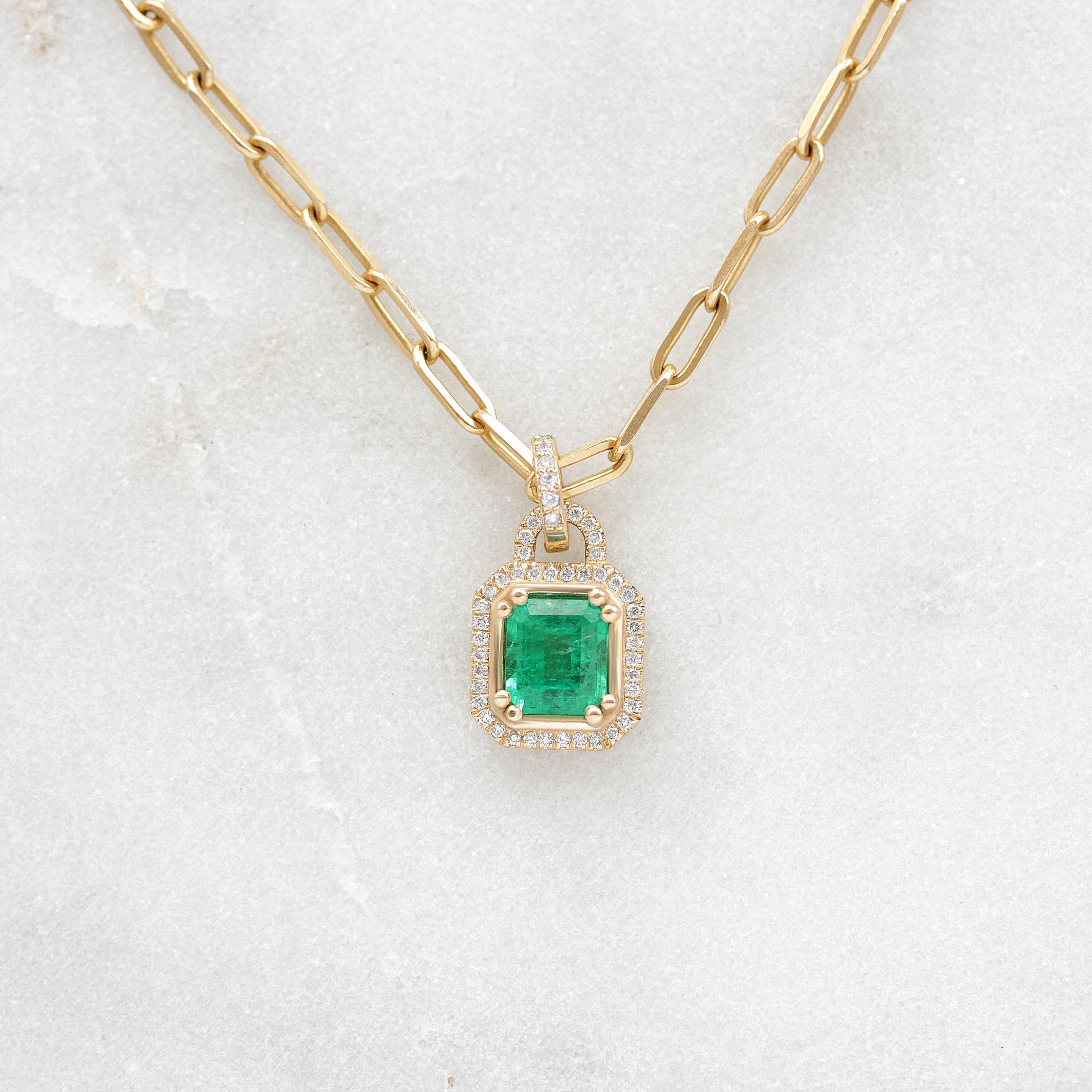 Contemporary Emerald cut Emerald And Diamonds Lock Pendant Necklace, Silly Shiny Diamonds For Sale