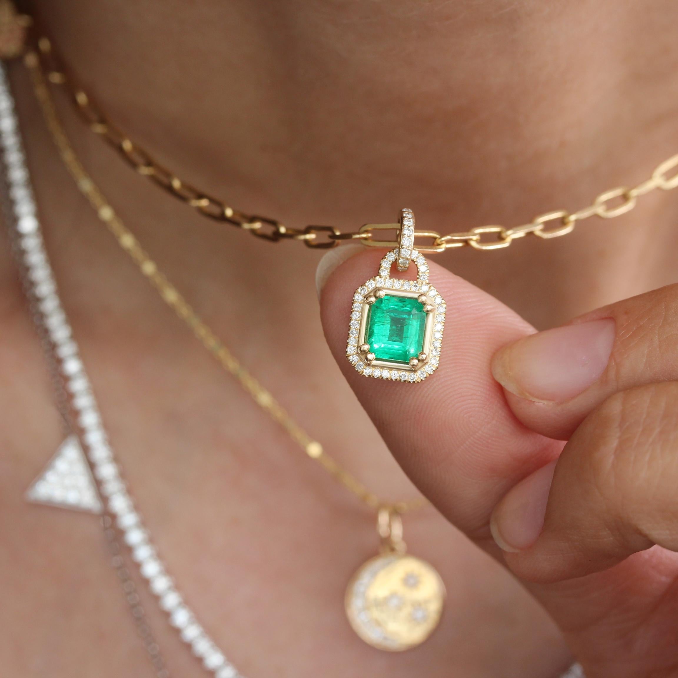 Emerald Cut Emerald cut Emerald And Diamonds Lock Pendant Necklace, Silly Shiny Diamonds For Sale