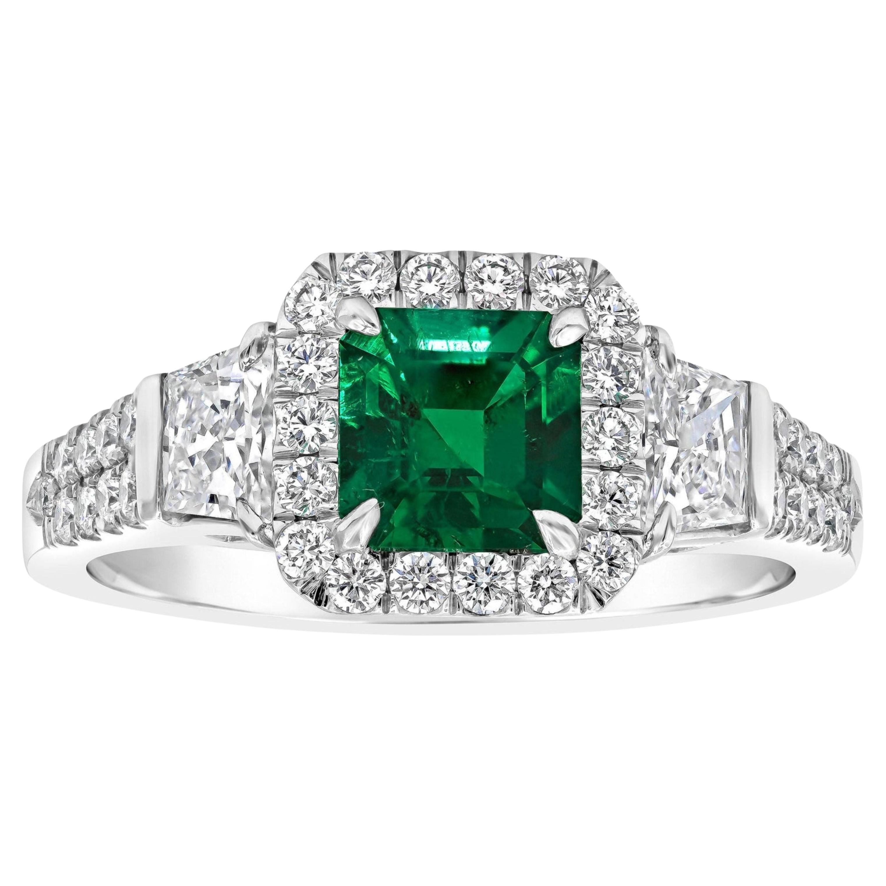 For Sale:  Emerald Cut Emerald and Diamonds Three-Stone Engagement Ring