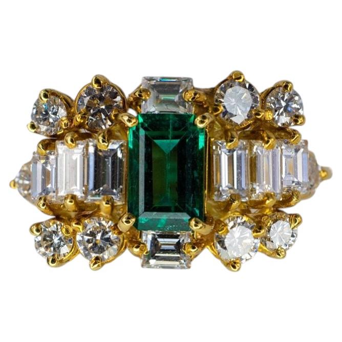 Emerald-Cut Emerald and Multi-Cut Diamond Cluster Ring