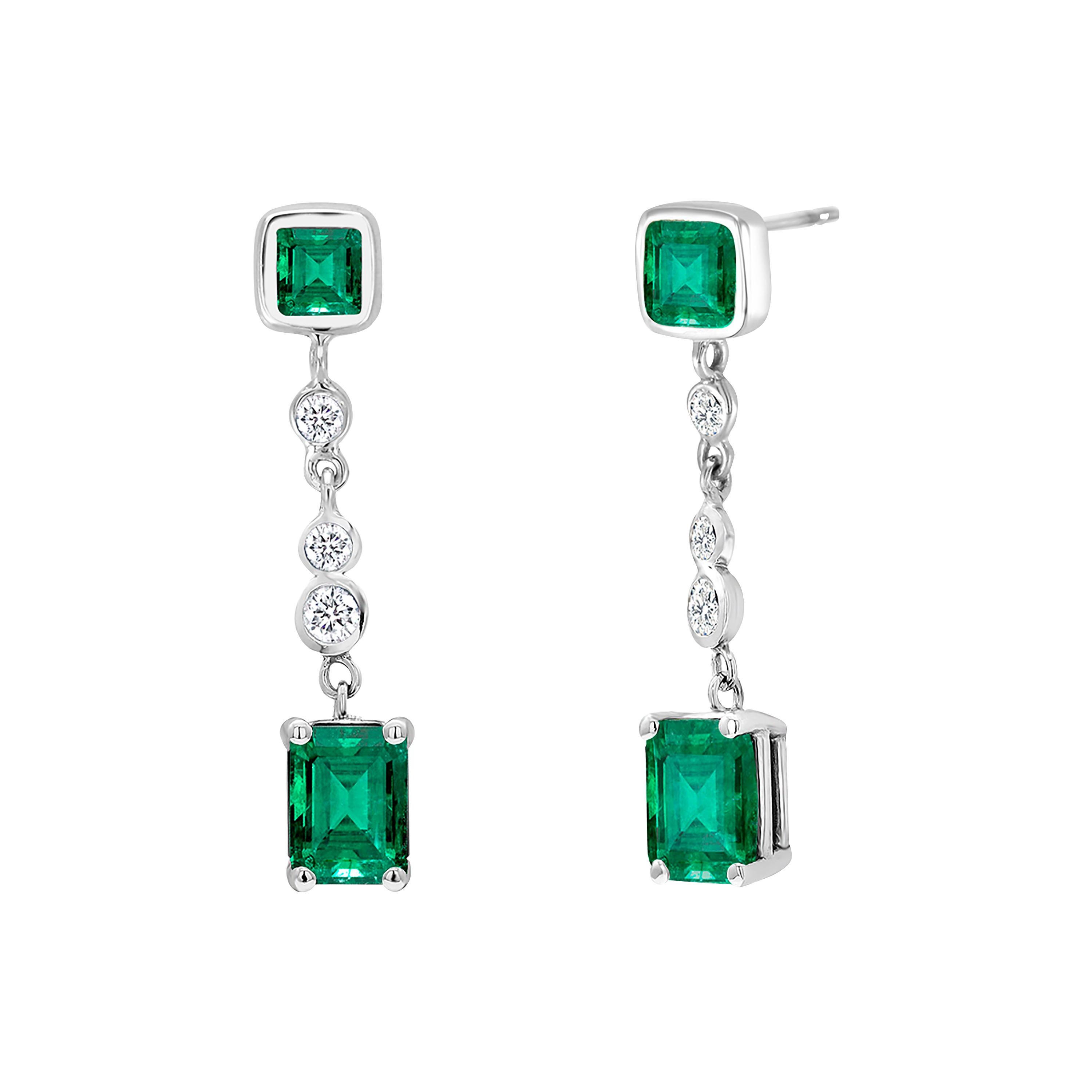 Emerald Cut Emerald and Round Diamond Drop Earrings Weighing 2.45 Carat