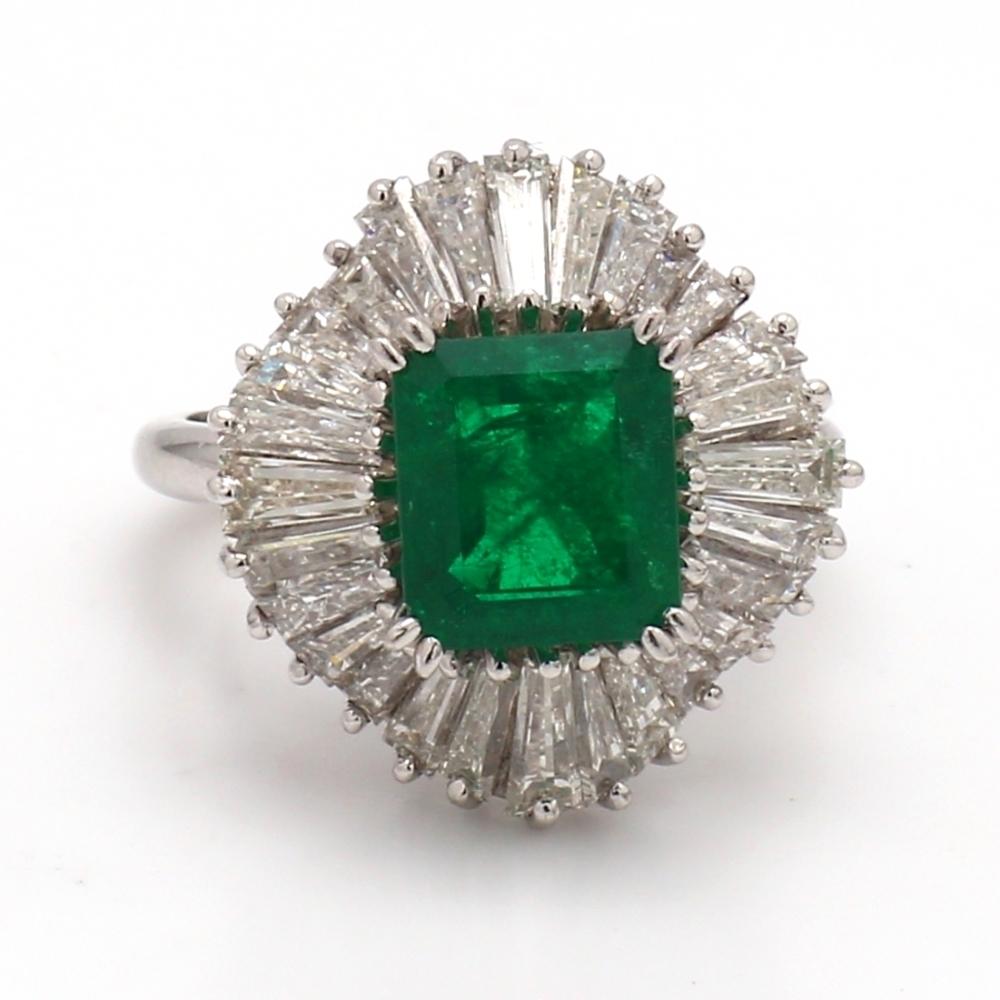 Emerald Cut Emerald-Cut Emerald Ballerina Platinum Ring with Baguette Diamond Accents For Sale