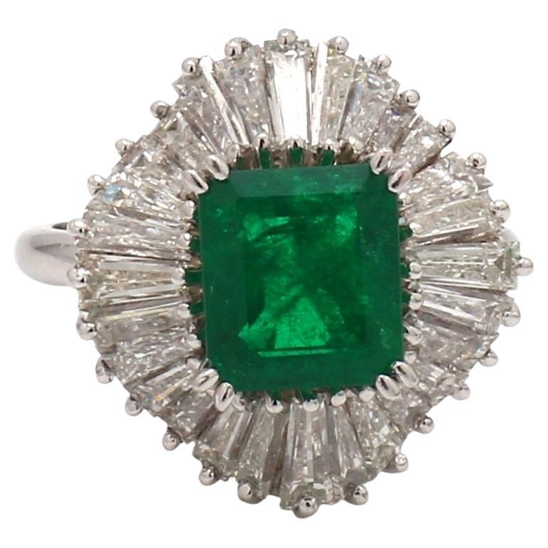 Emerald-Cut Emerald Ballerina Platinum Ring with Baguette Diamond Accents
