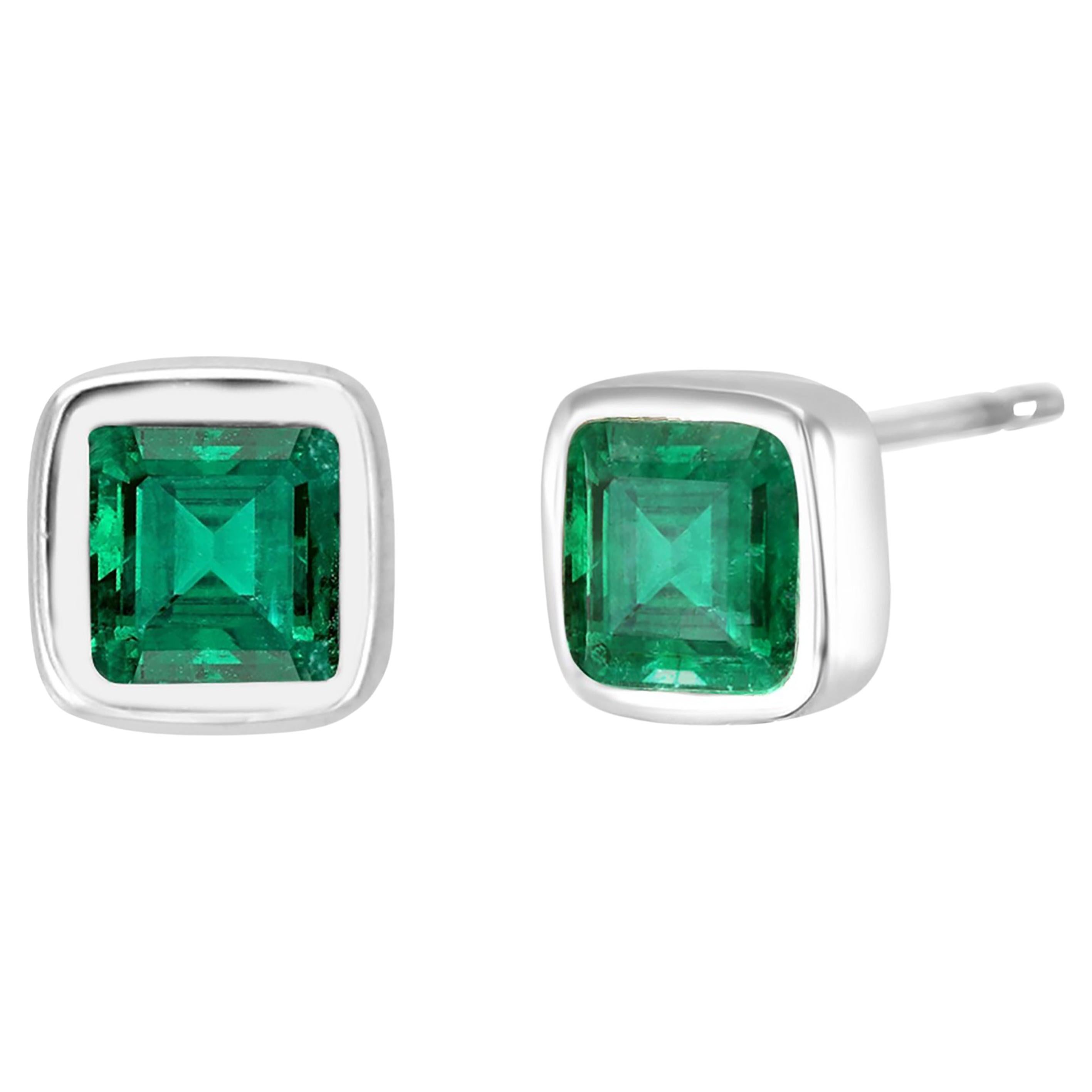 Emerald Cut Emerald 0.75 Carat Bezel Set White Gold Stud Earrings 