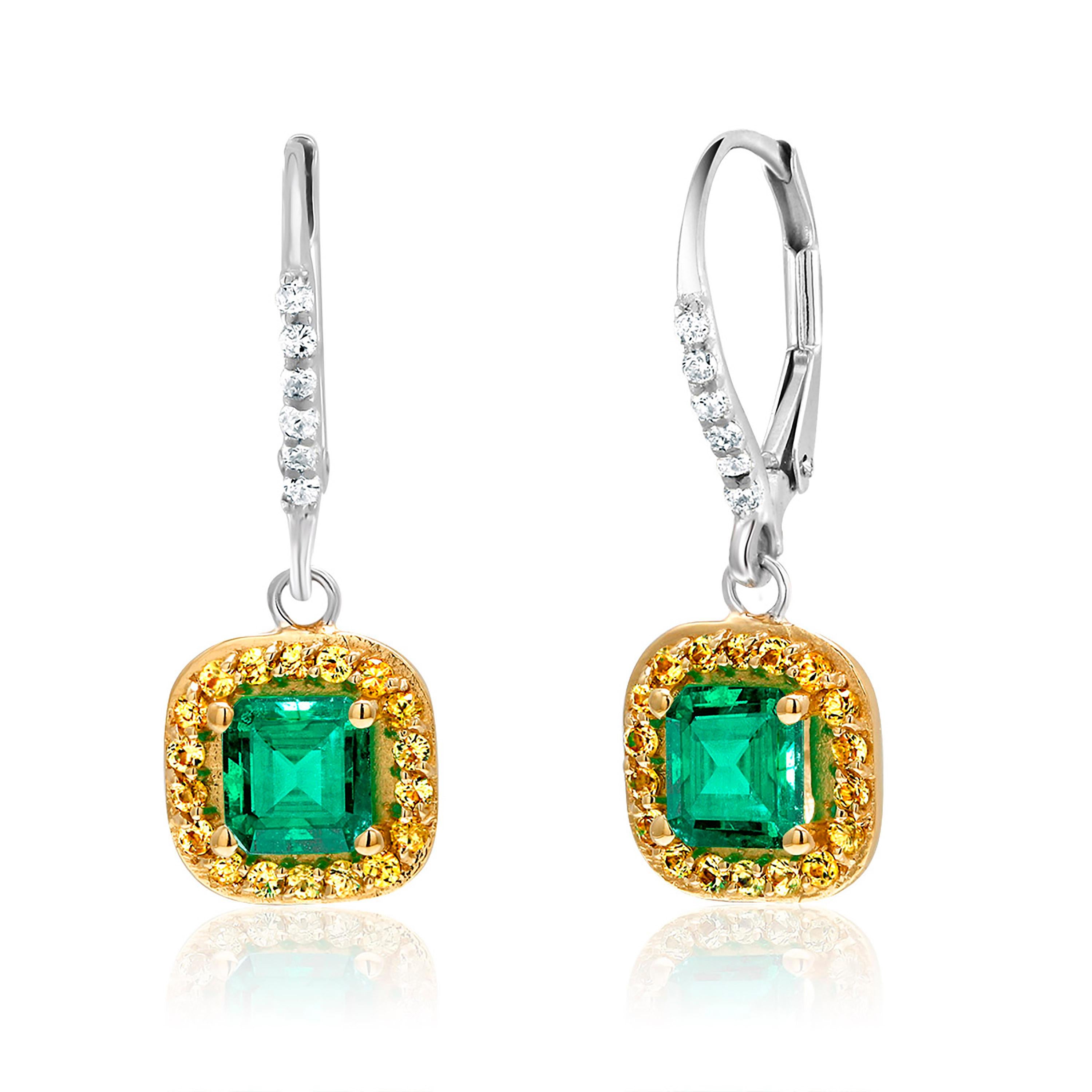 Contemporary Emerald Diamond Yellow Sapphire Hoop Cluster White Gold Earrings