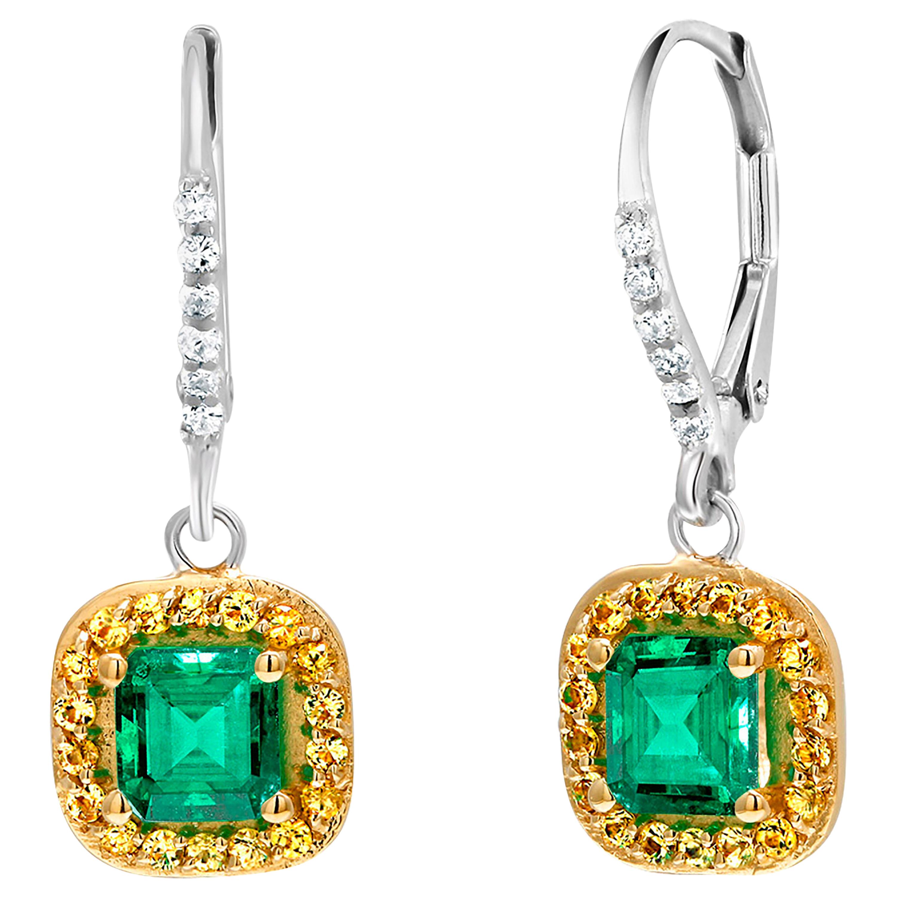 Emerald Diamond Yellow Sapphire Hoop Cluster White Gold Earrings