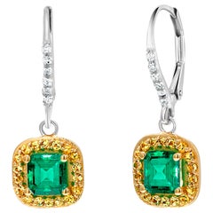 Emerald Diamond Yellow Sapphire Hoop Cluster White Gold Earrings