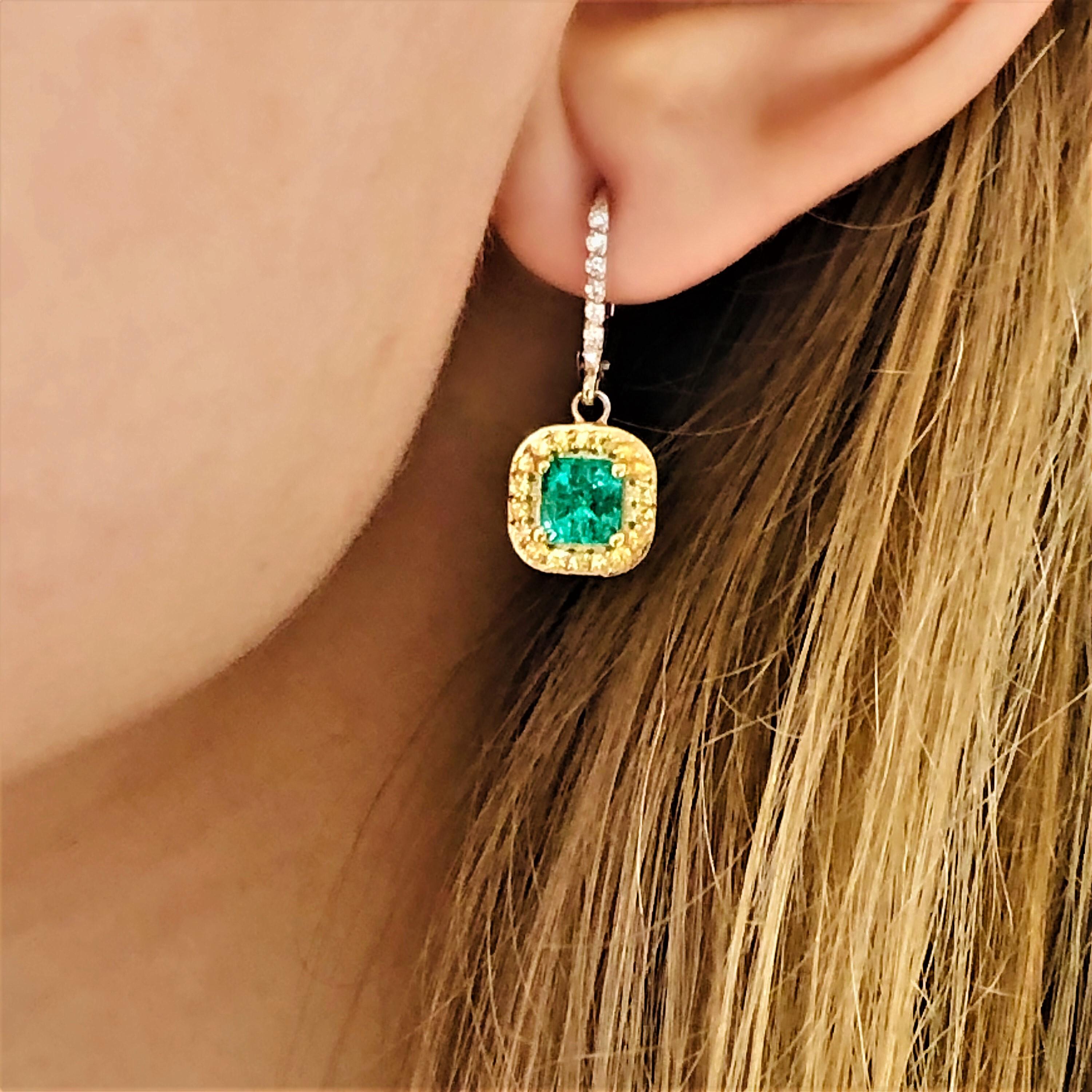 Emerald Cut Emerald Diamond Yellow Sapphire Hoop Cluster White Gold Earrings