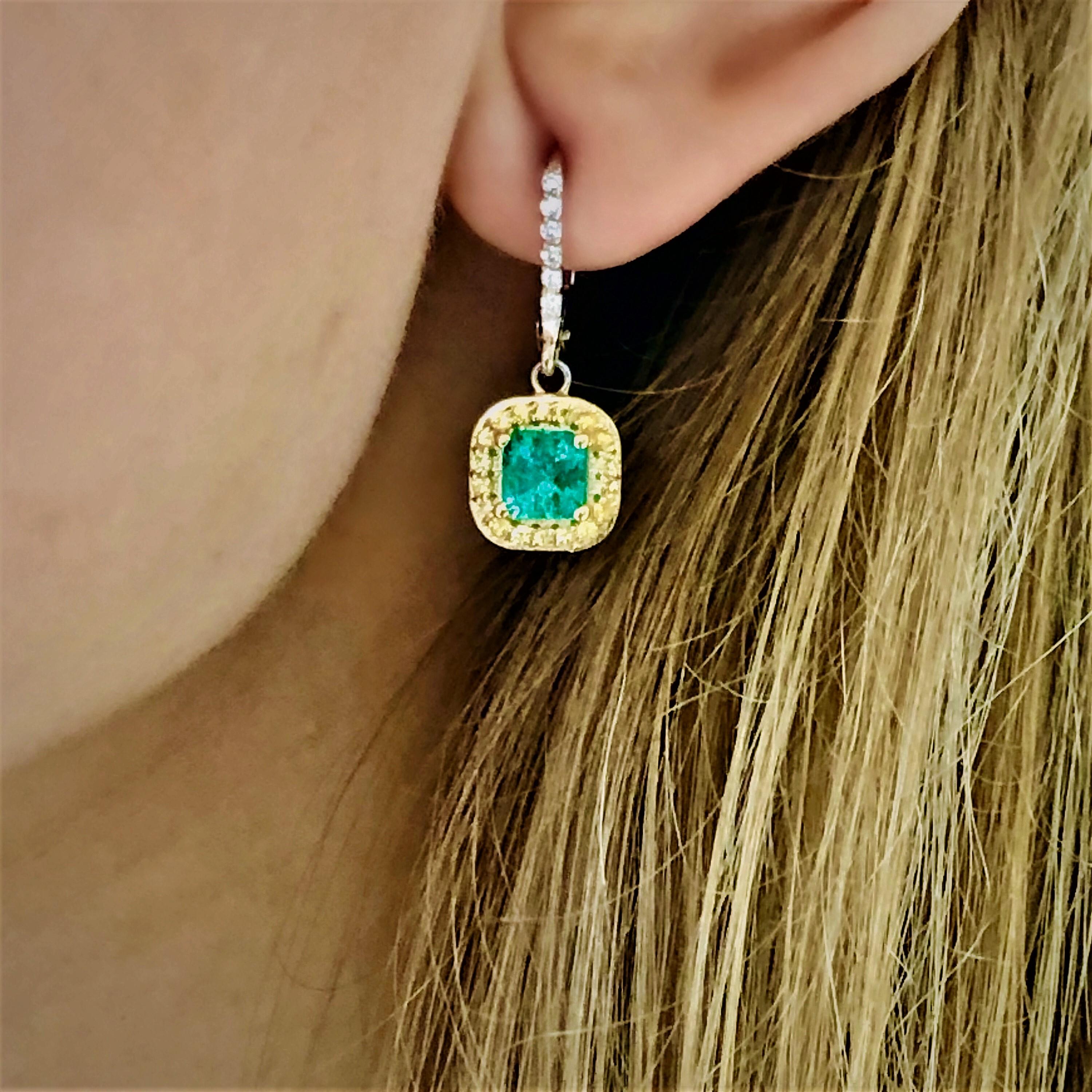 Emerald Diamond Yellow Sapphire Hoop Cluster White Gold Earrings In New Condition In New York, NY