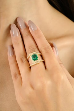 Emerald-Cut Emerald & Diamond Halo Cocktail Ring in 14K Yellow Gold Jewelry Gift